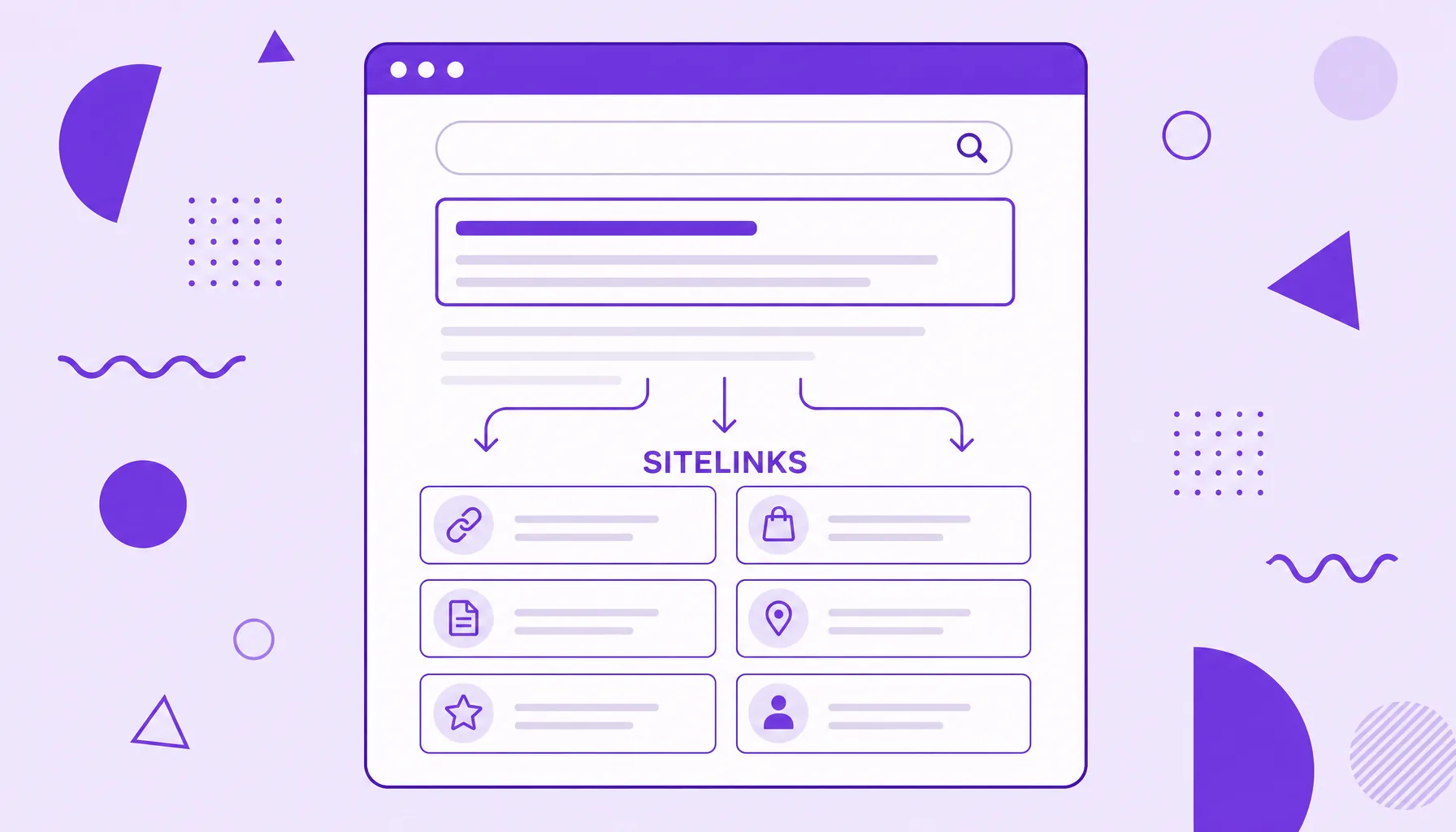 Illustration of a search result with a grid of internal shortcuts arranged in two columns right below it, representing sitelinks.