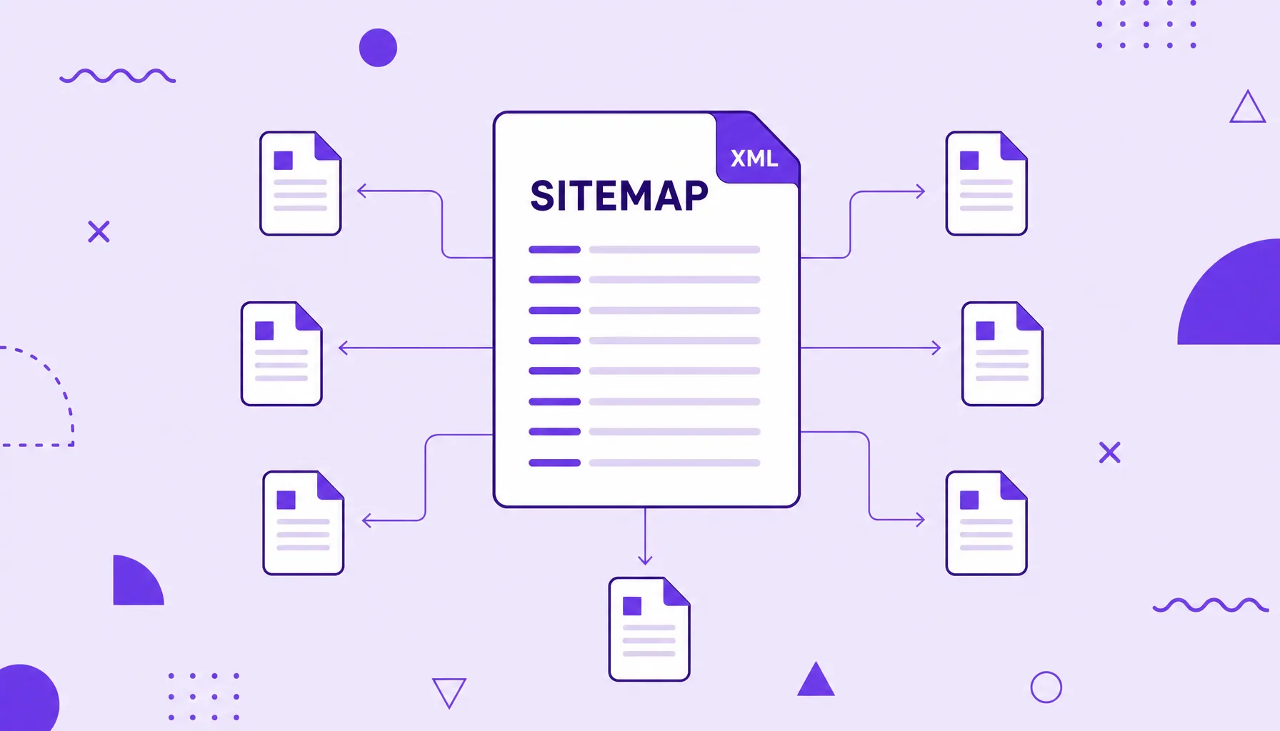 Illustration of an XML file with a list of URLs pointing to several page icons, representing an XML sitemap.