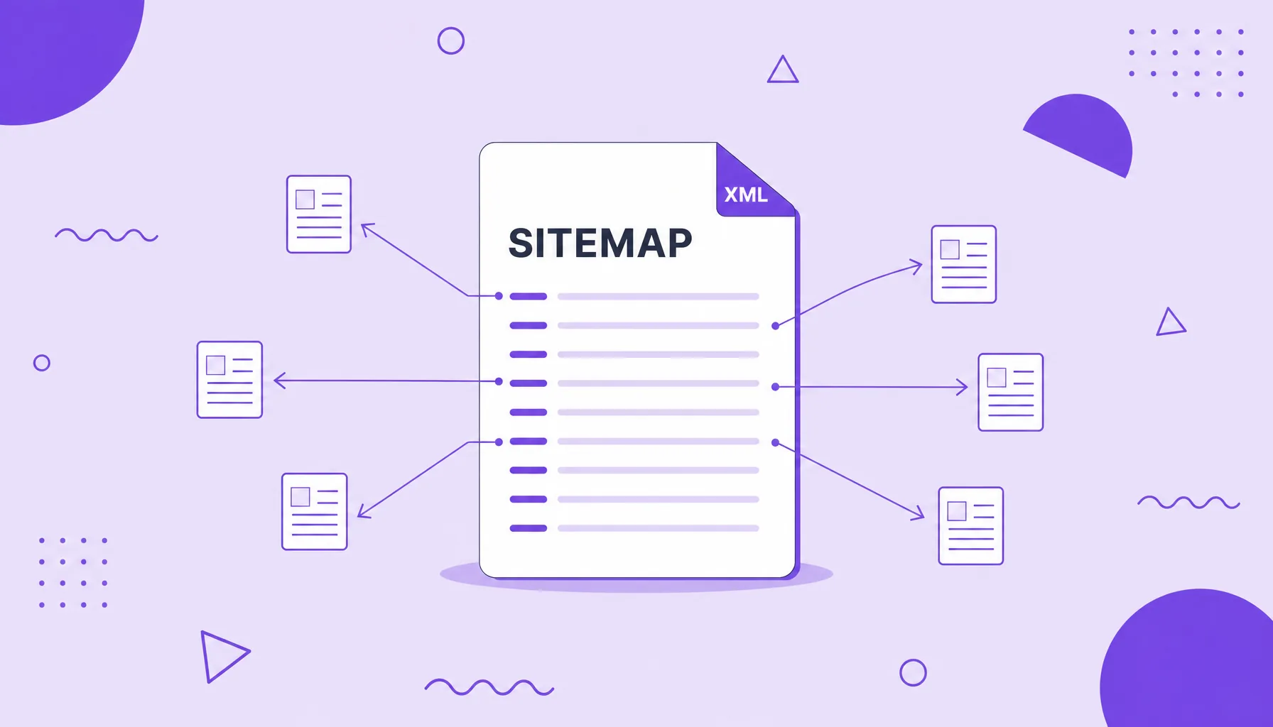 Ilustración de un archivo XML con una lista de URLs que apuntan a varios iconos de página, que representa un sitemap XML.