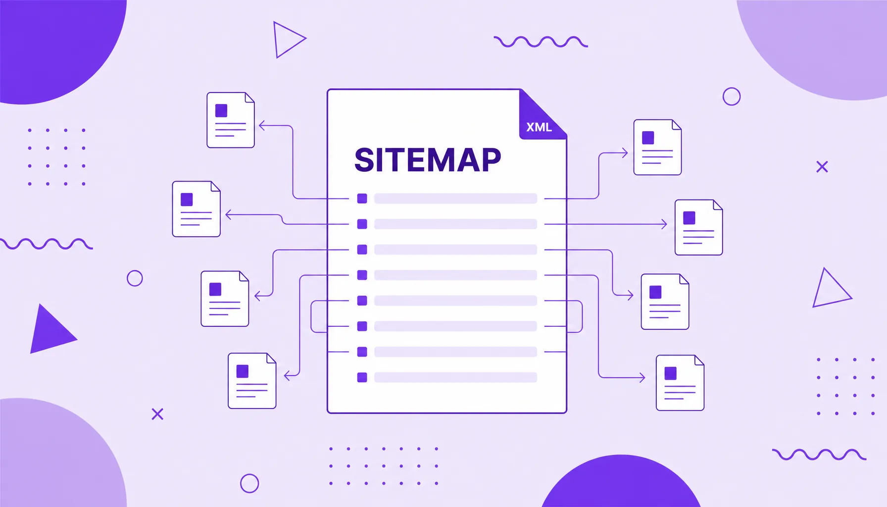 Ilustração de um arquivo XML com uma lista de URLs que apontam para vários ícones de página, representando um sitemap XML.