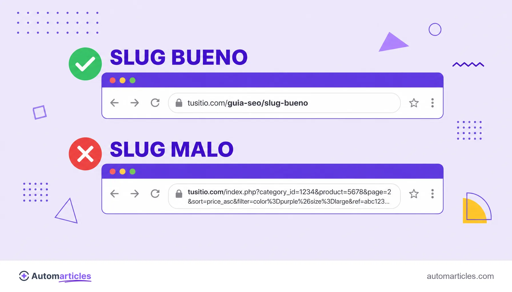 Ilustración que compara una barra de direcciones con un slug corto y limpio y otra con un slug largo lleno de parámetros.