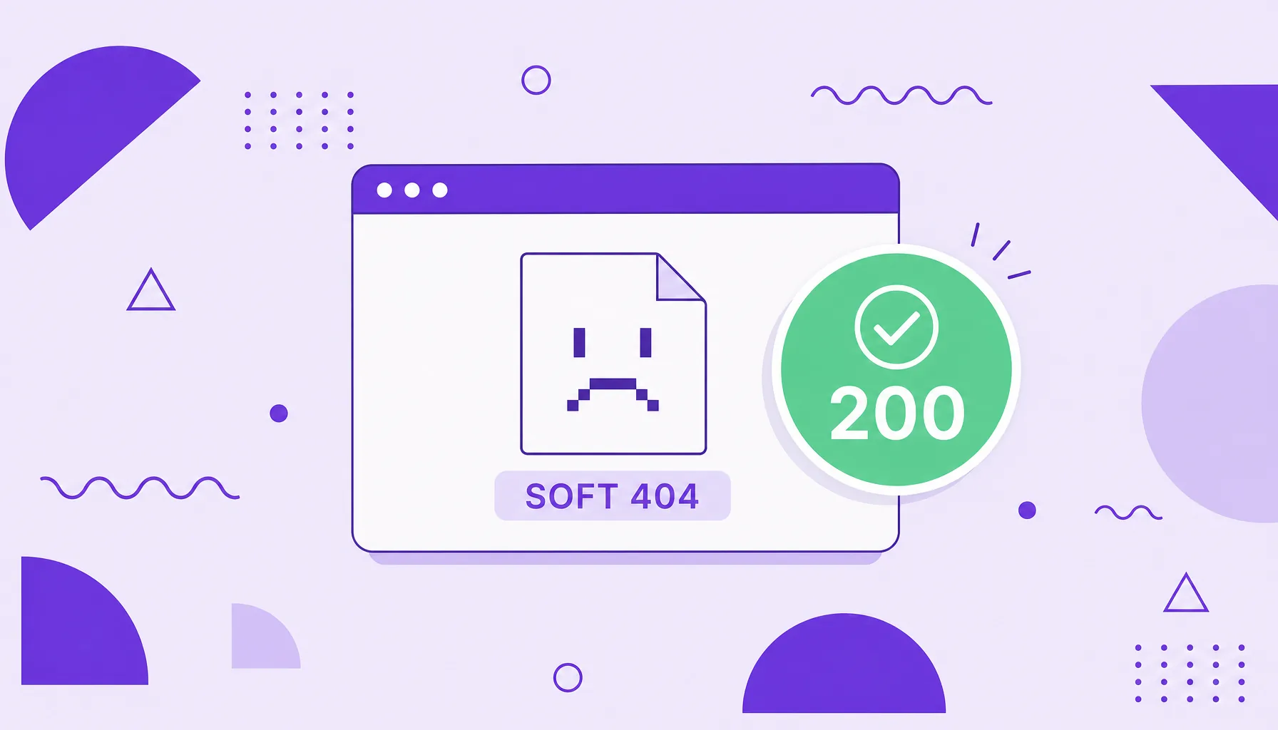 Ilustração de uma página de erro exibindo um selo de status 200 de sucesso, representando a contradição de um soft 404.
