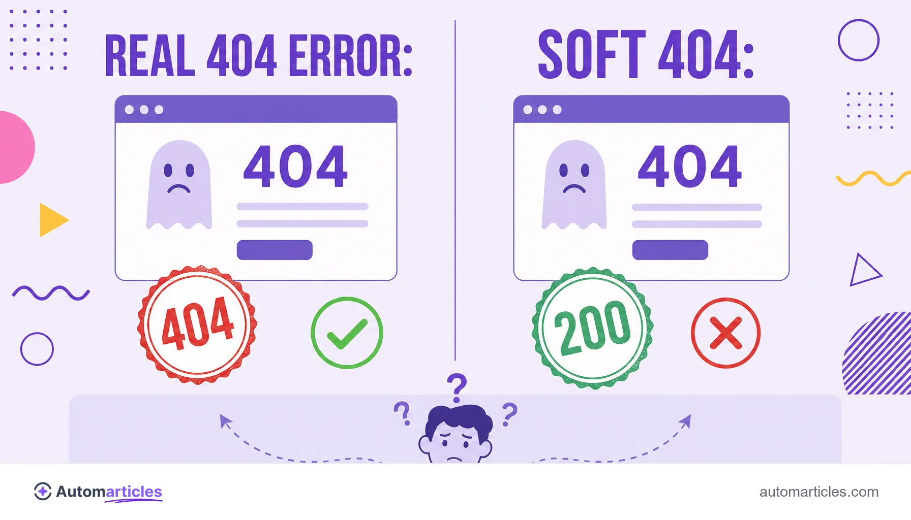 Infographic comparing a real 404 error with status 404 and a soft 404 with status 200, showing why the soft 404 confuses Google.