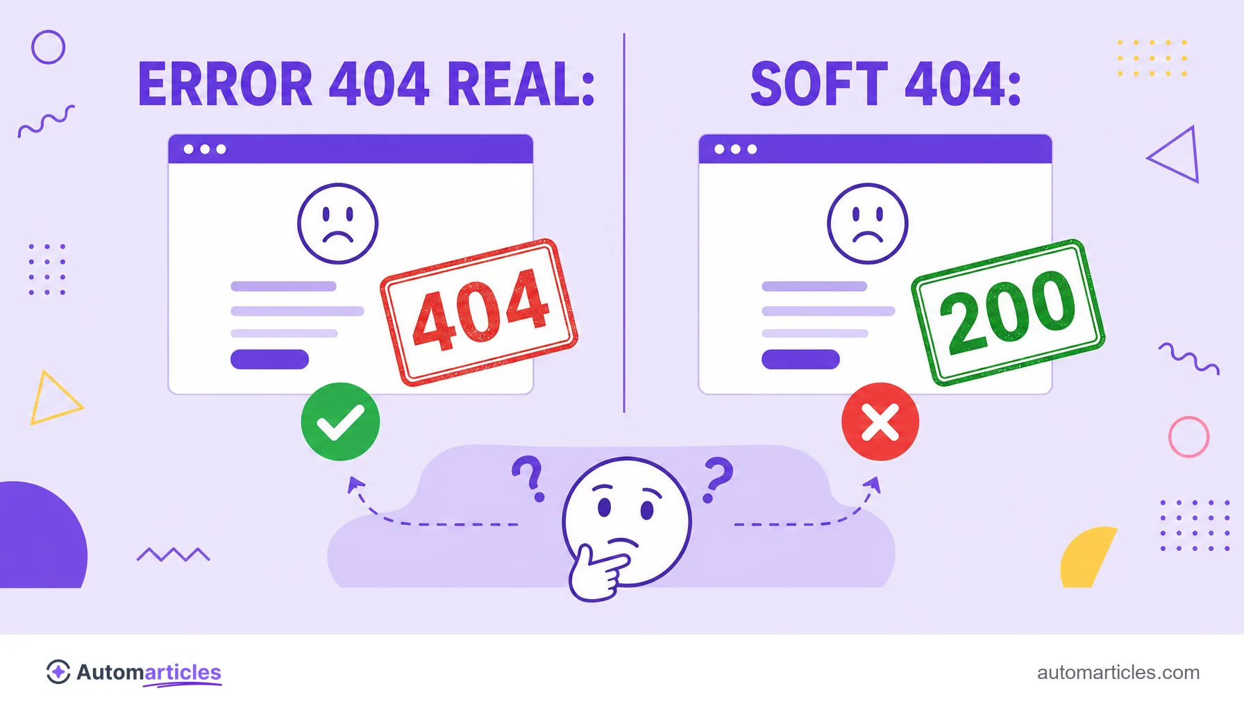 Infografía que compara un error 404 real con estado 404 y un soft 404 con estado 200, mostrando por qué el soft 404 confunde a Google.