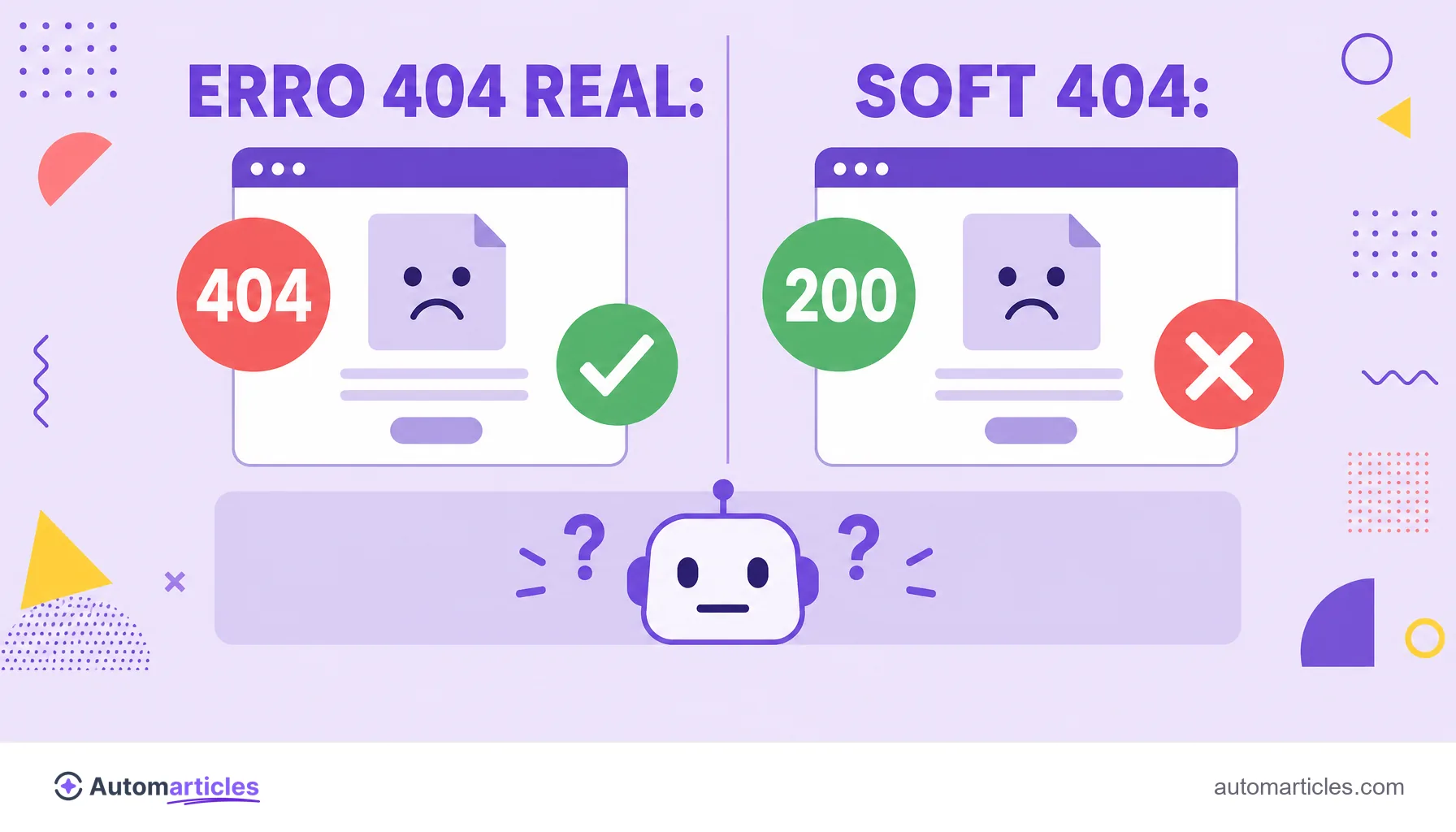 Infográfico comparando erro 404 real com status 404 e soft 404 com status 200, mostrando por que o soft 404 confunde o Google.