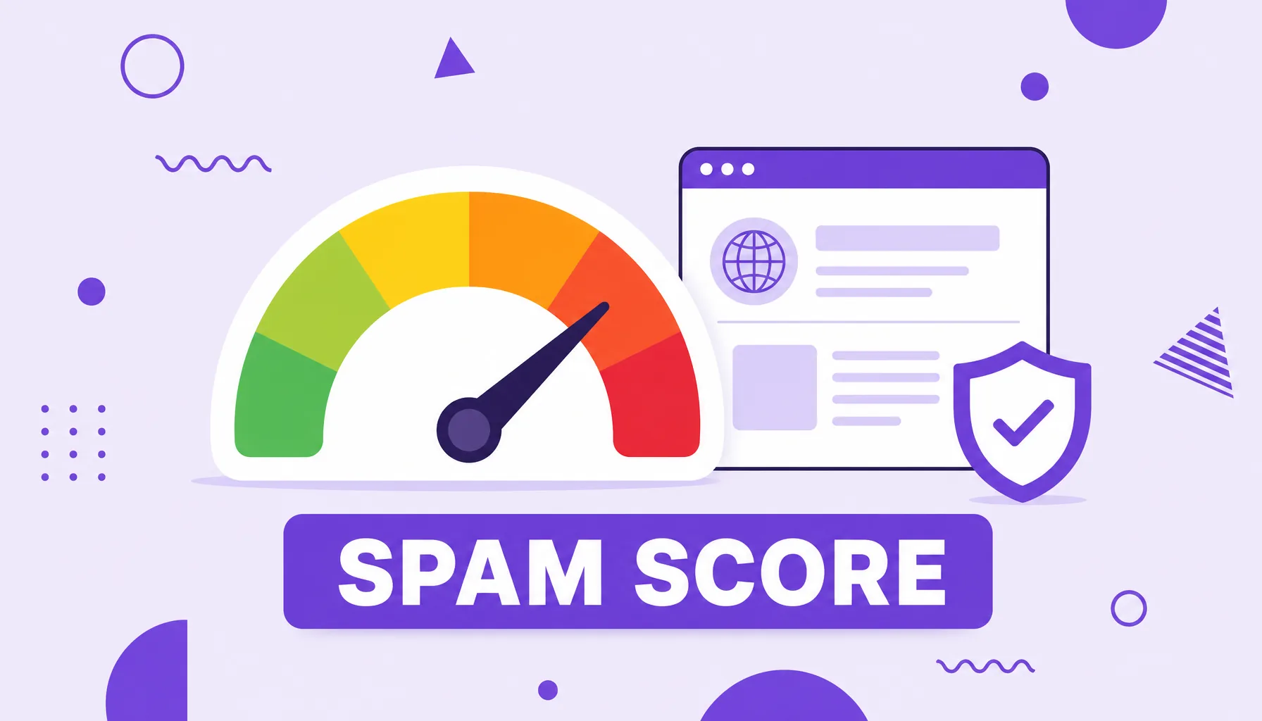 Illustration of a speedometer shaped risk gauge evaluating a site, representing Spam Score.
