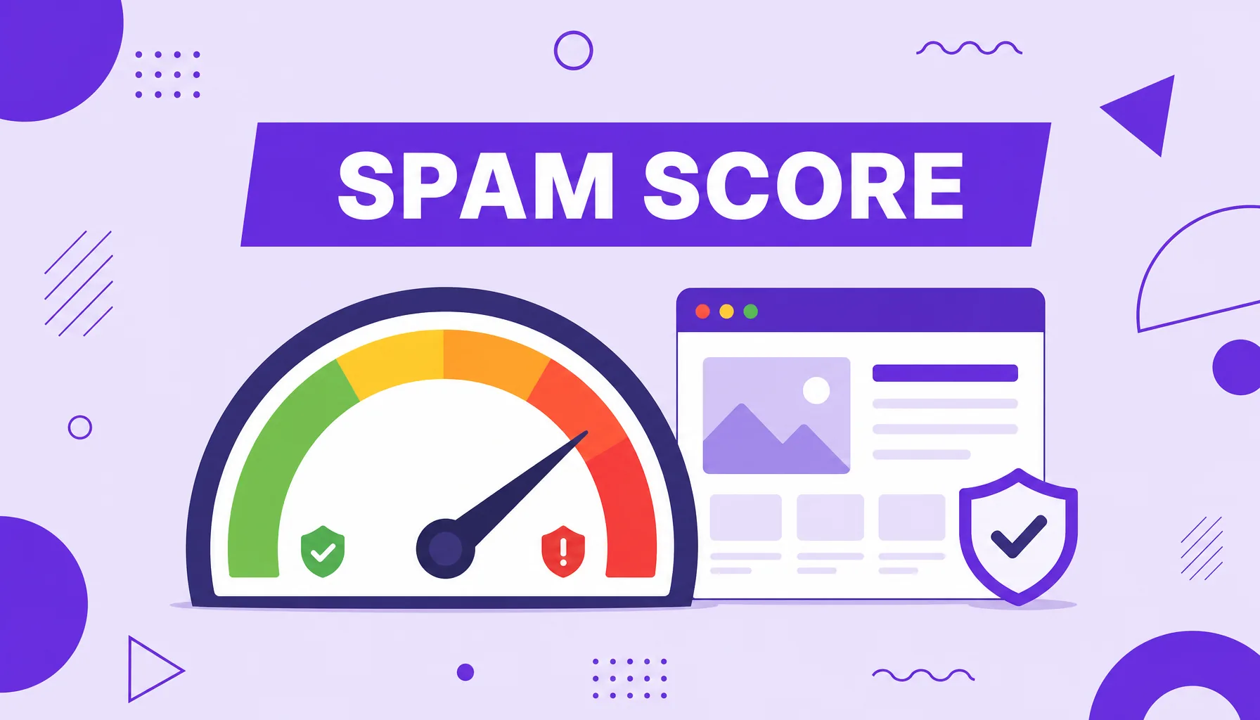 Ilustración de un medidor de riesgo con forma de velocímetro que evalúa un sitio, que representa el Spam Score.