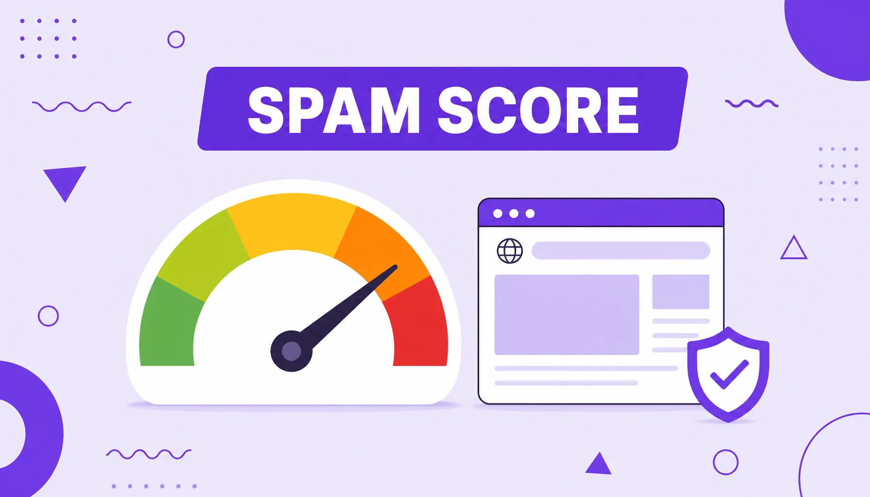 Ilustração de um medidor de risco em forma de velocímetro avaliando um site, representando o Spam Score.