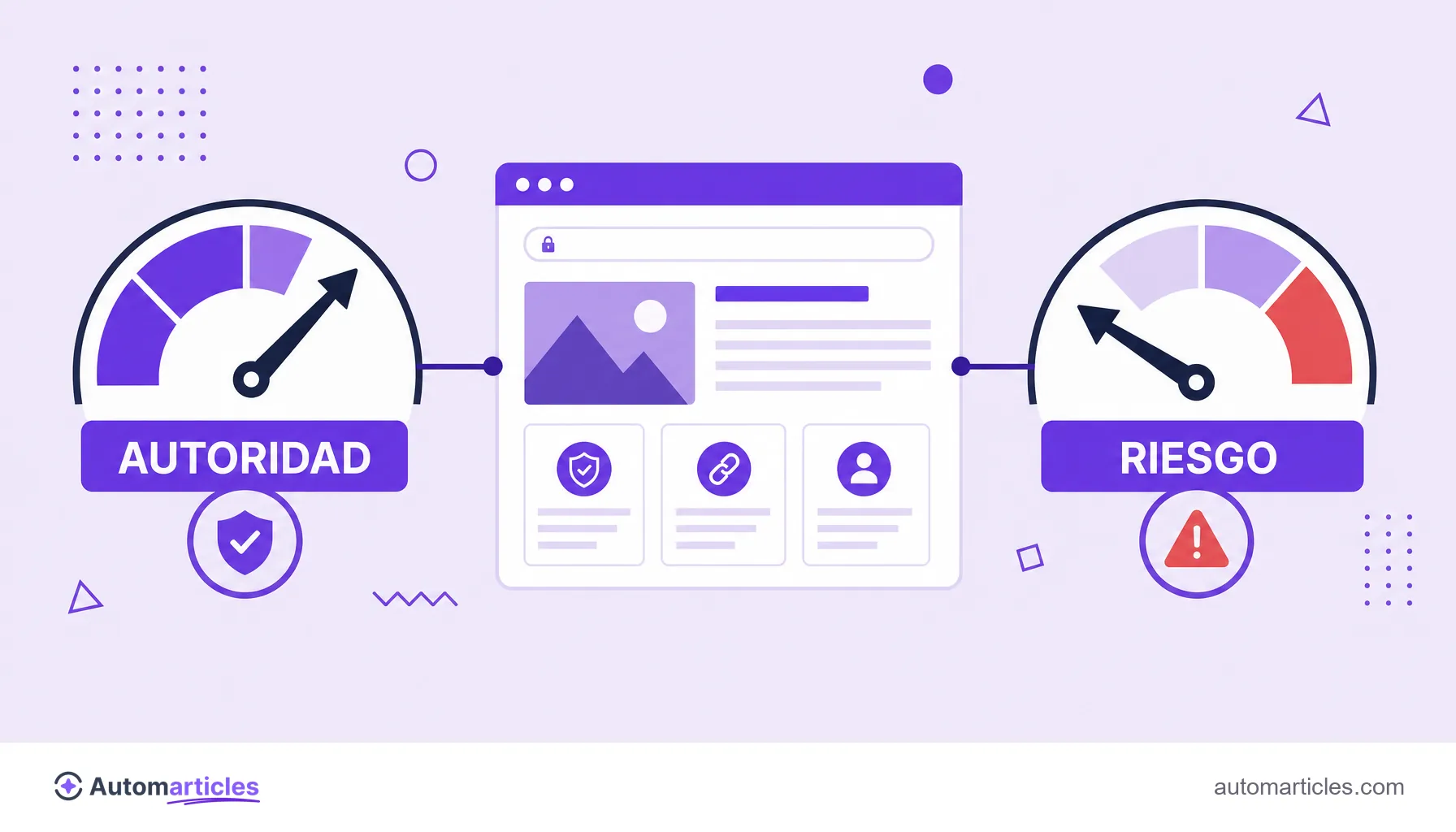Ilustración de dos medidores lado a lado que comparan la autoridad de un dominio y su riesgo de spam.