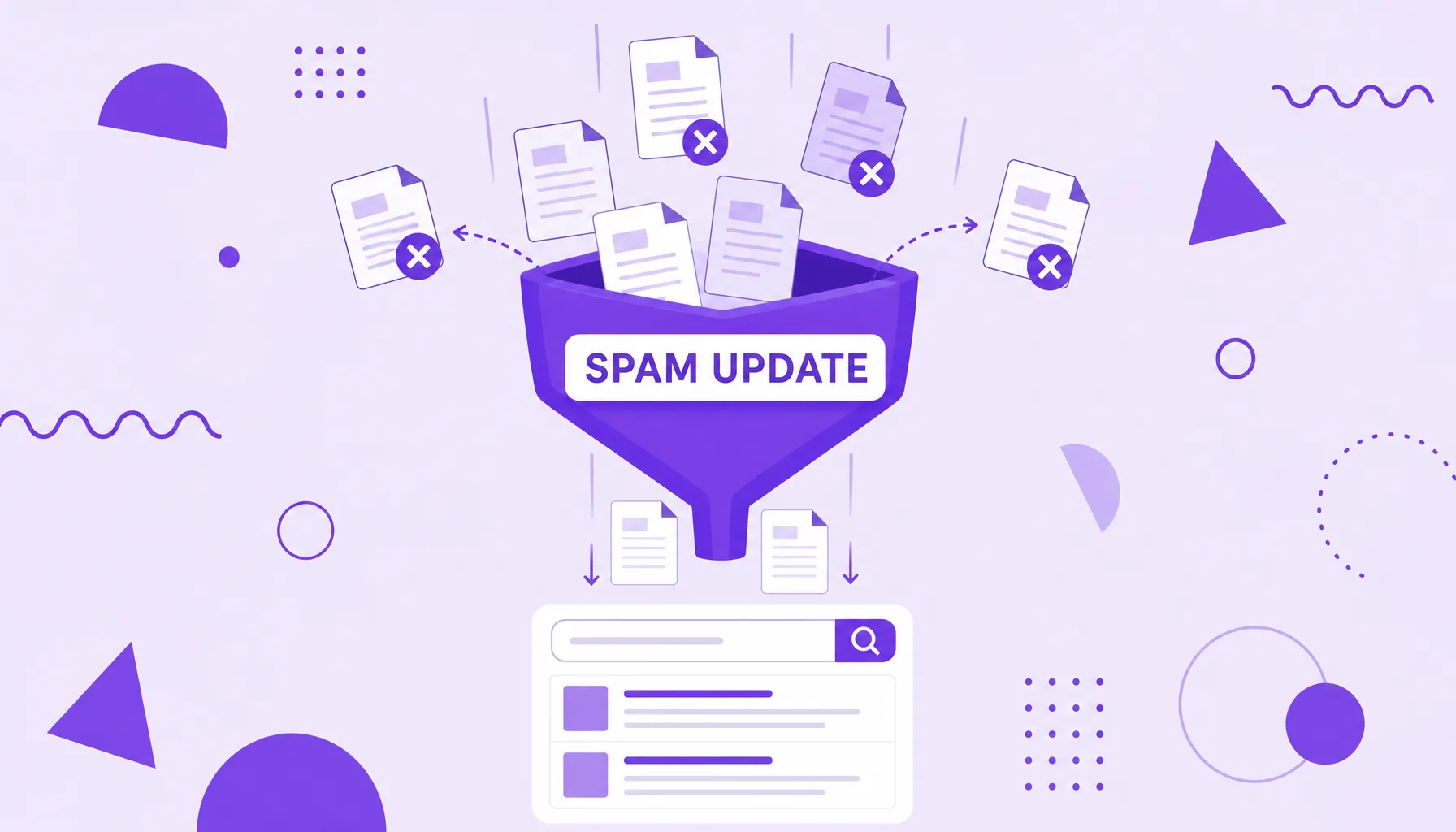 Illustration of a search engine filter holding back spam pages marked with X and letting clean pages pass through.