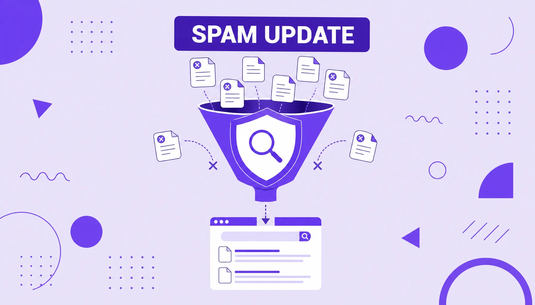 Ilustración de un filtro del buscador que retiene páginas de spam marcadas con X y deja pasar las páginas limpias.