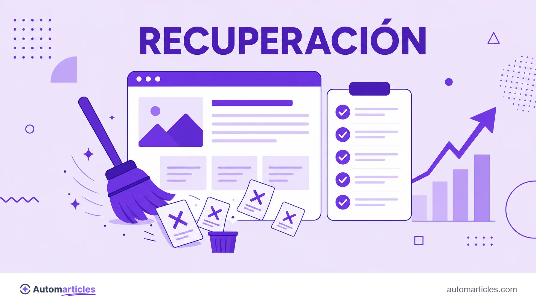 Ilustración de un sitio limpiándose con una escoba y una lista de verificación, con el tráfico volviendo a subir tras la recuperación.