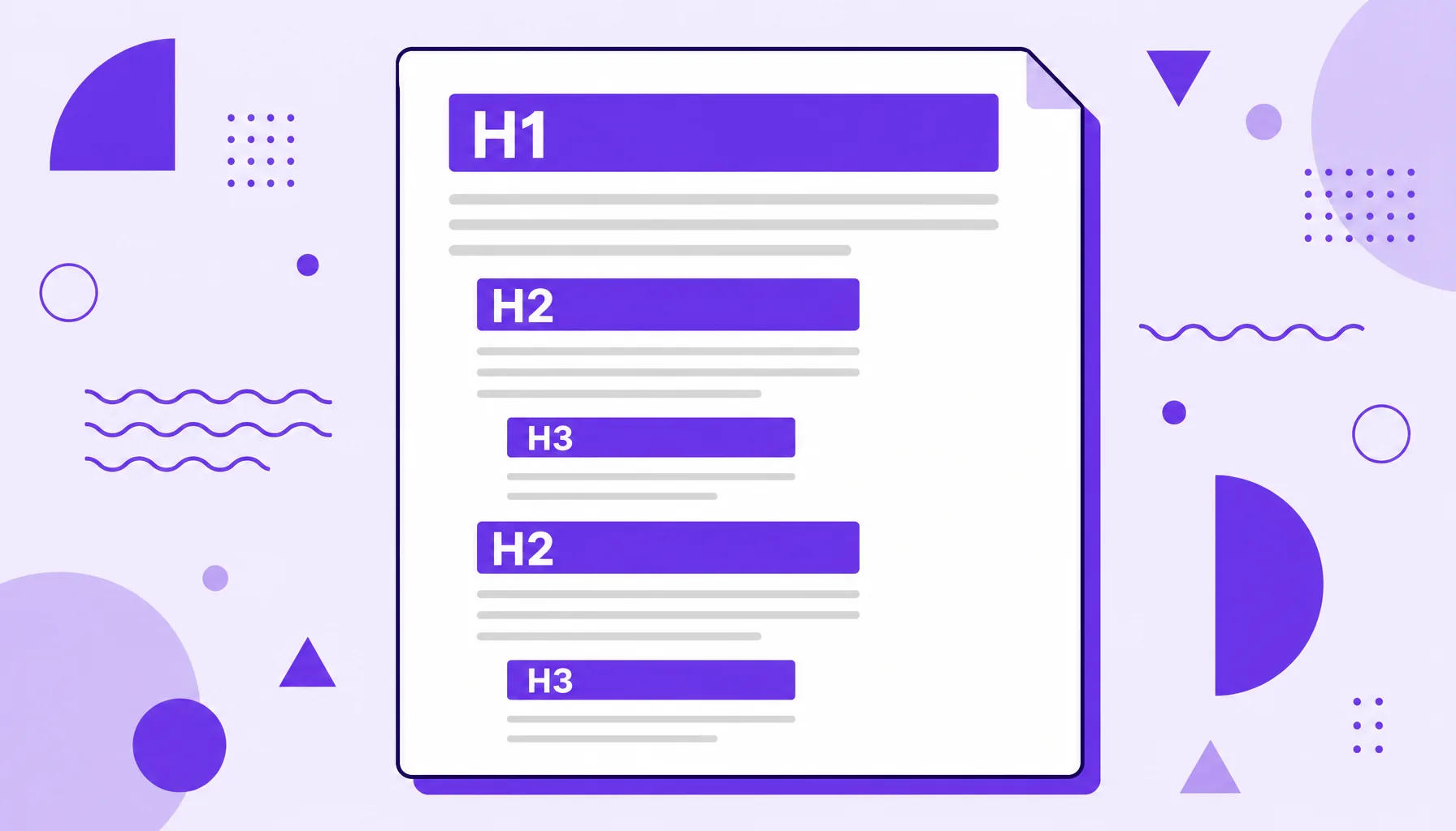 Illustration of a document with H1, H2 and H3 heading bars organizing the text into sections, representing subheadings.
