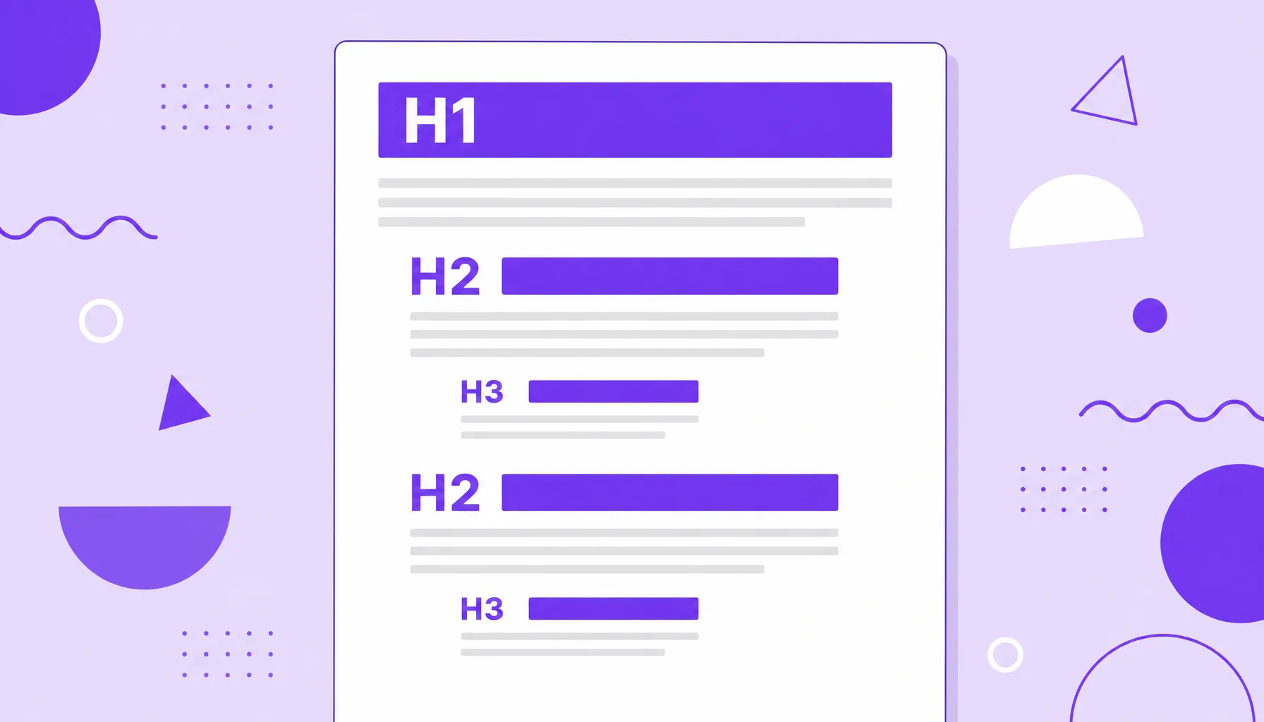 Ilustração de um documento com barras de título H1, H2 e H3 organizando o texto em seções, representando os subtítulos.
