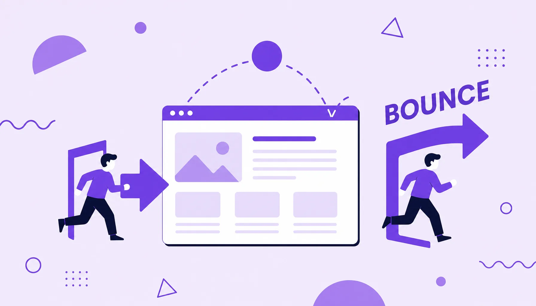 Illustration of a visitor entering and quickly leaving a page, with a bouncing ball, representing the bounce rate.