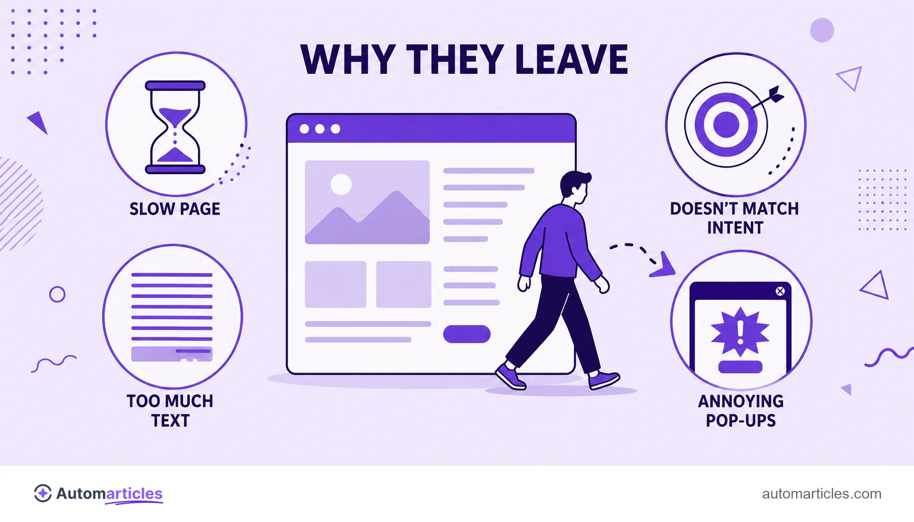 Illustration of the common causes of bounce: slow page, unmet intent, dense text and aggressive pop-up driving the visitor away.