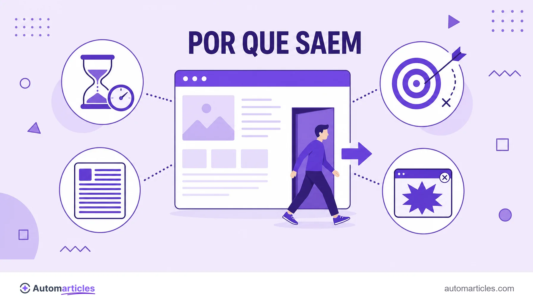 Ilustração das causas comuns de rejeição: página lenta, intenção não atendida, texto denso e pop-up agressivo afastando o visitante.