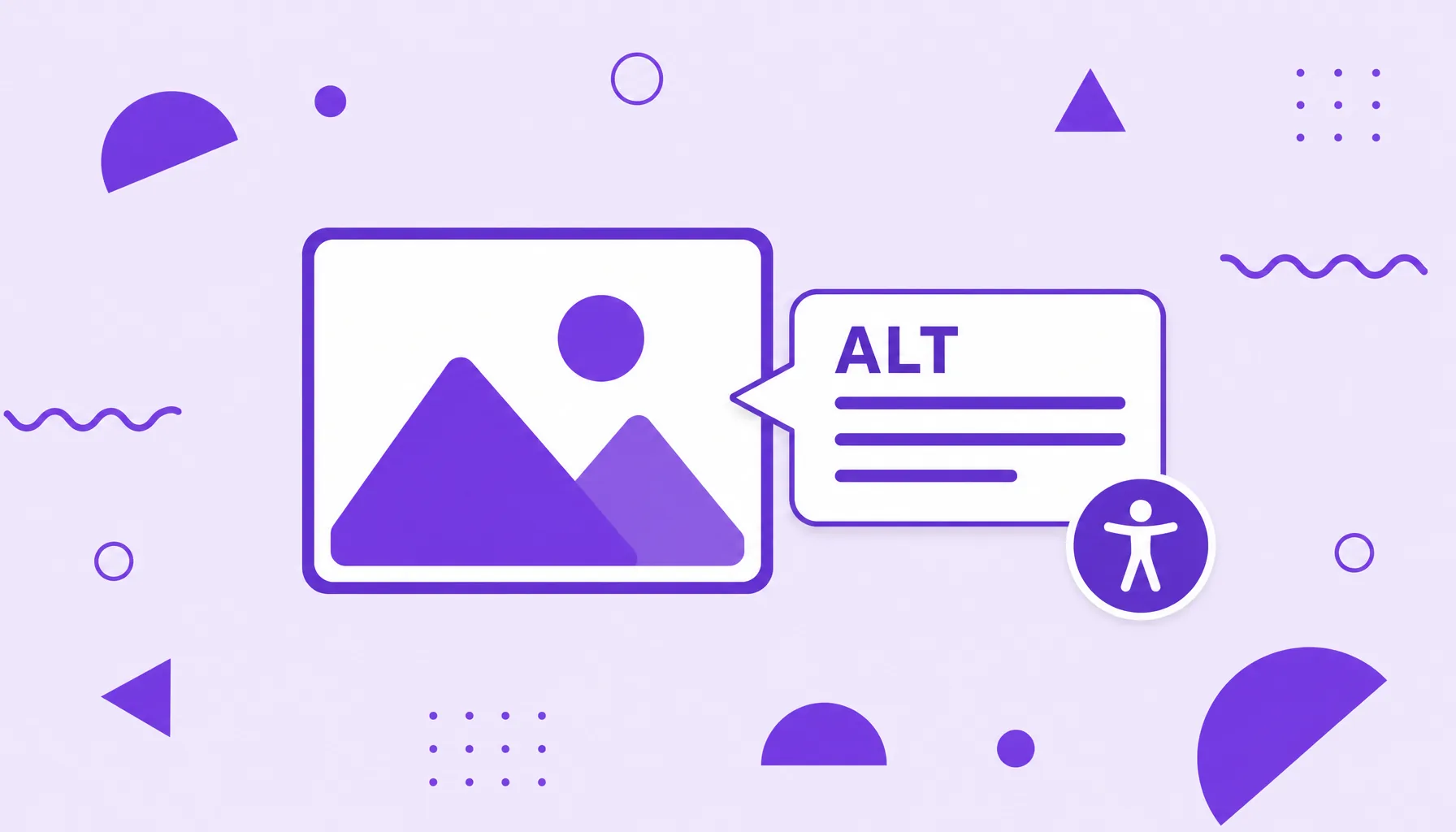 Illustration of an image frame linked to a text label with the word ALT, representing the alt text of an image.