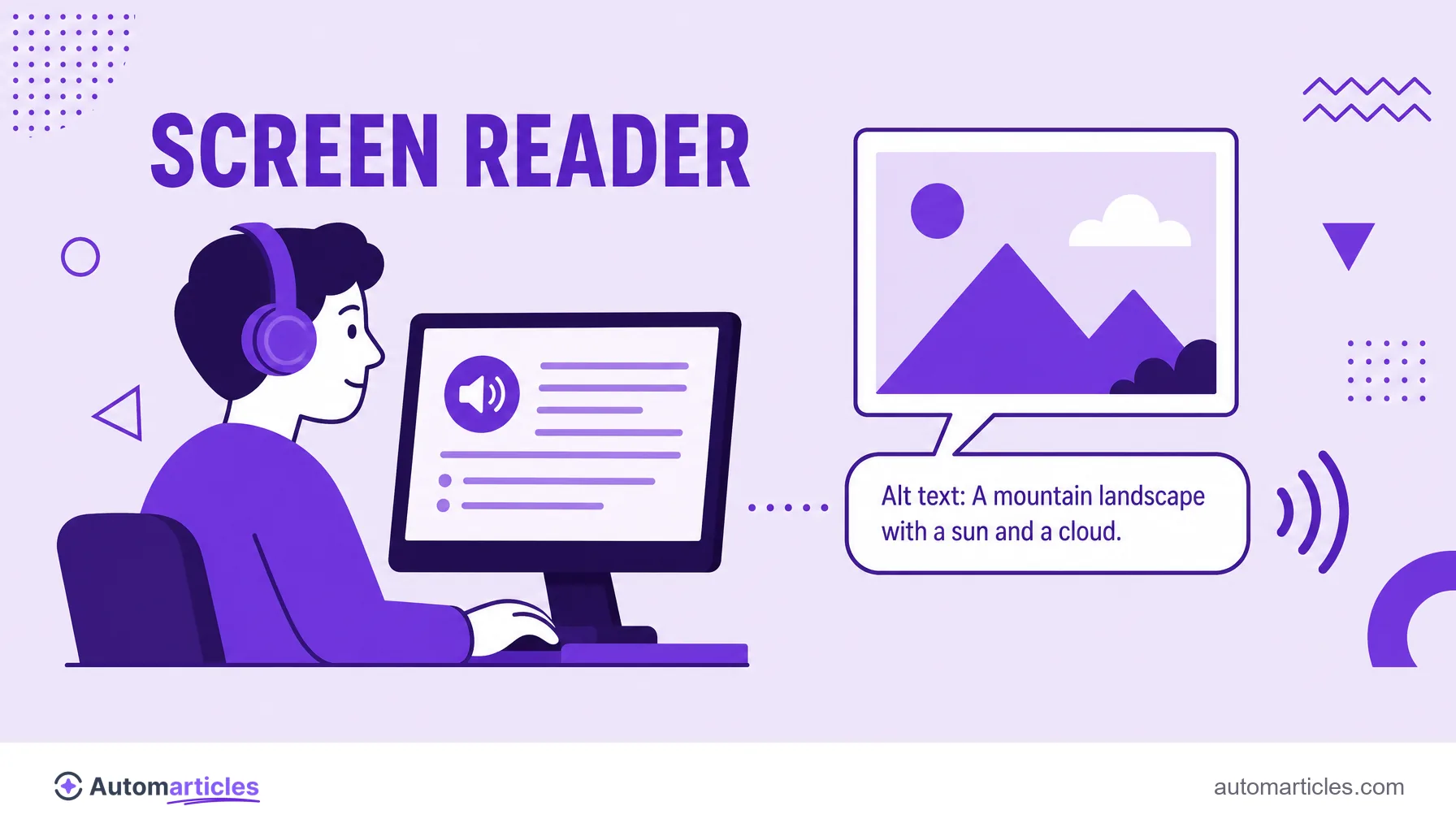 Illustration of a person with headphones listening to a screen reader read the alt text of an image aloud.