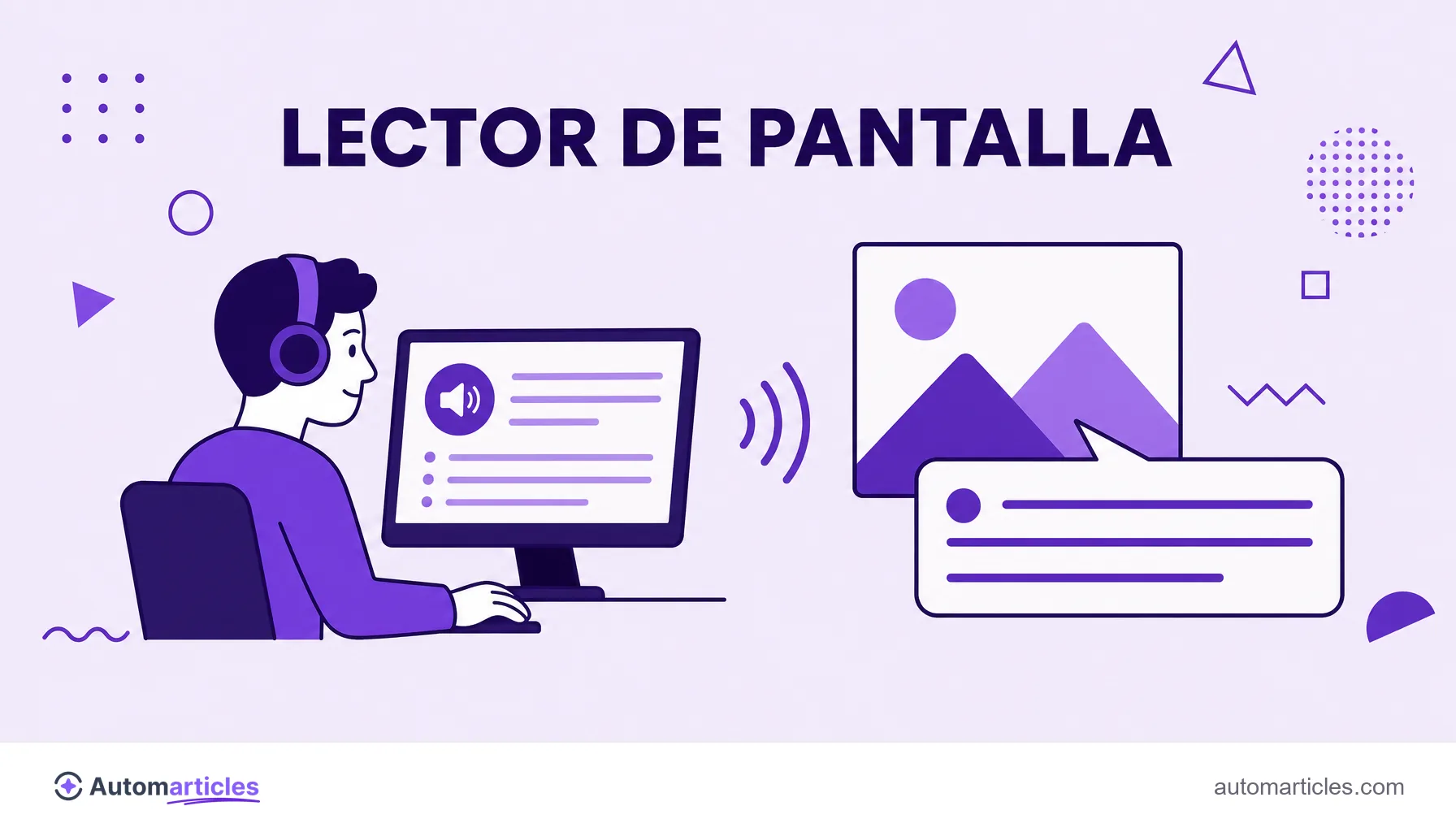 Ilustración de una persona con auriculares escuchando a un lector de pantalla leer en voz alta el texto alternativo de una imagen.