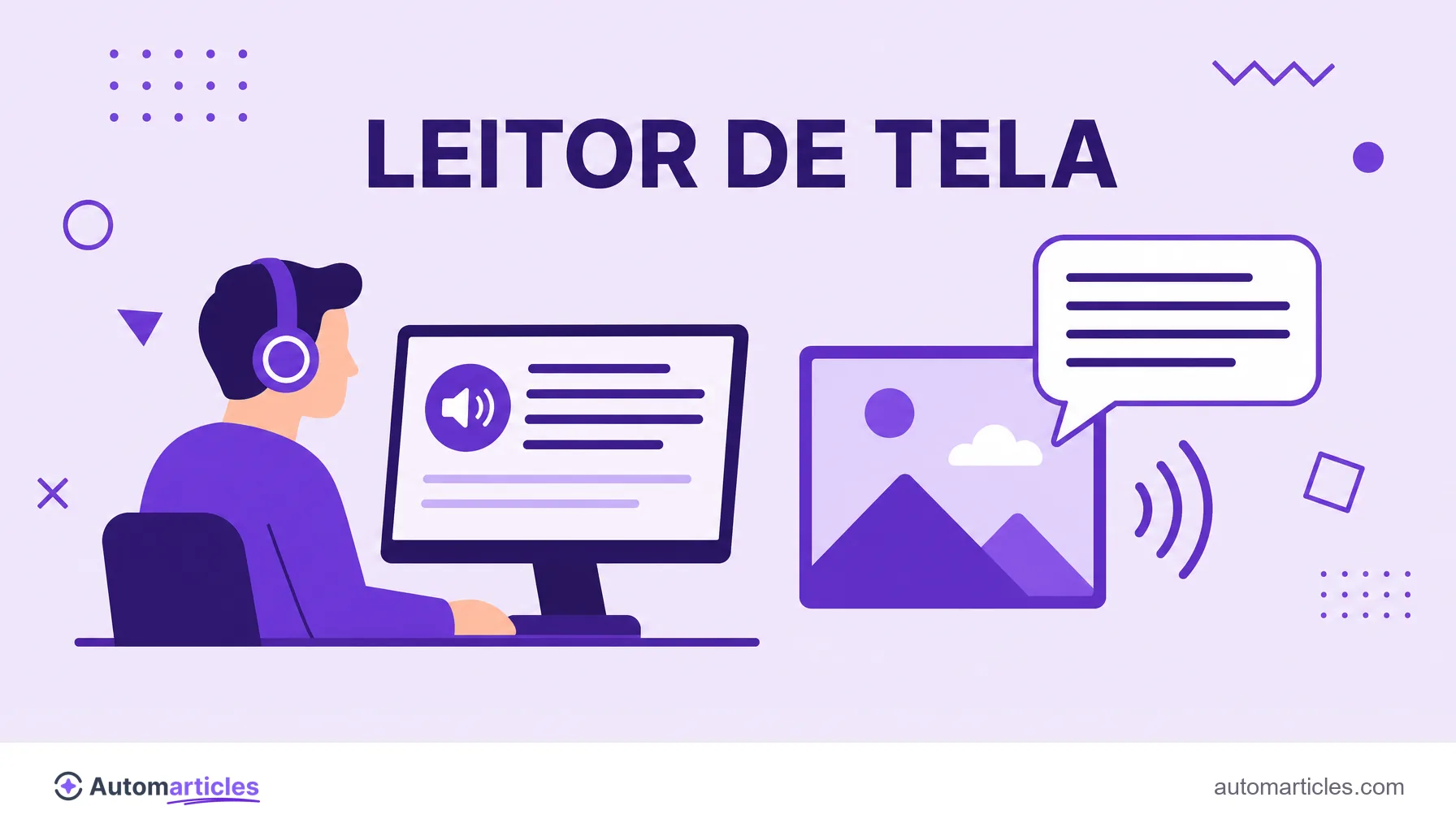 Ilustração de uma pessoa com fones ouvindo um leitor de tela ler o texto alternativo de uma imagem em voz alta.