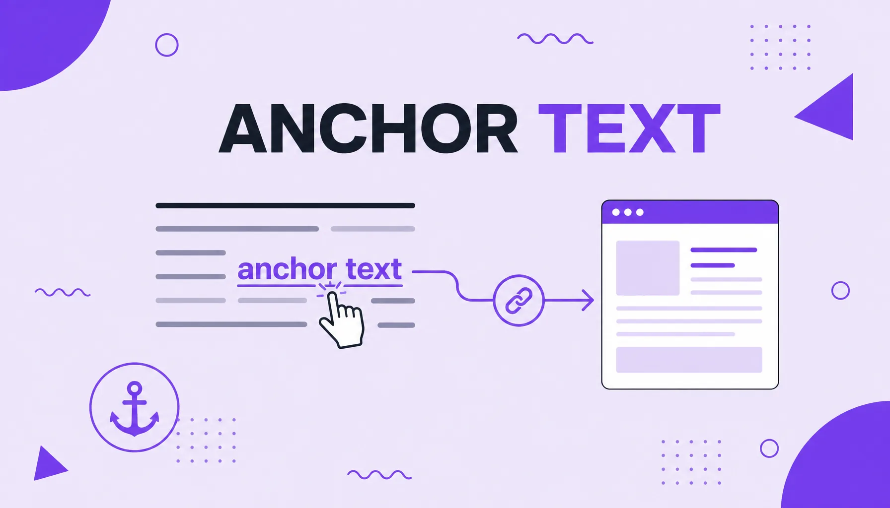Illustration of a sentence with highlighted, underlined words being clicked, leading to a destination page, representing anchor text.