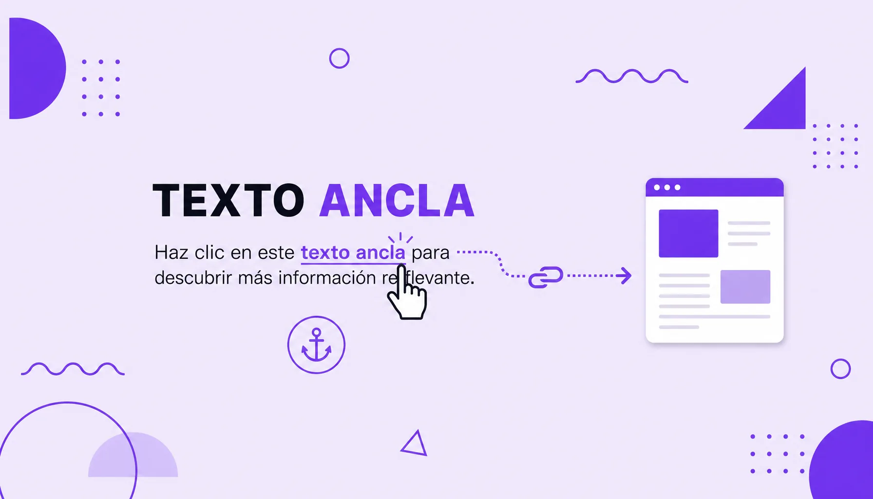 Ilustración de una frase con palabras destacadas y subrayadas en las que se hace clic, que llevan a una página de destino, y representa el texto ancla.