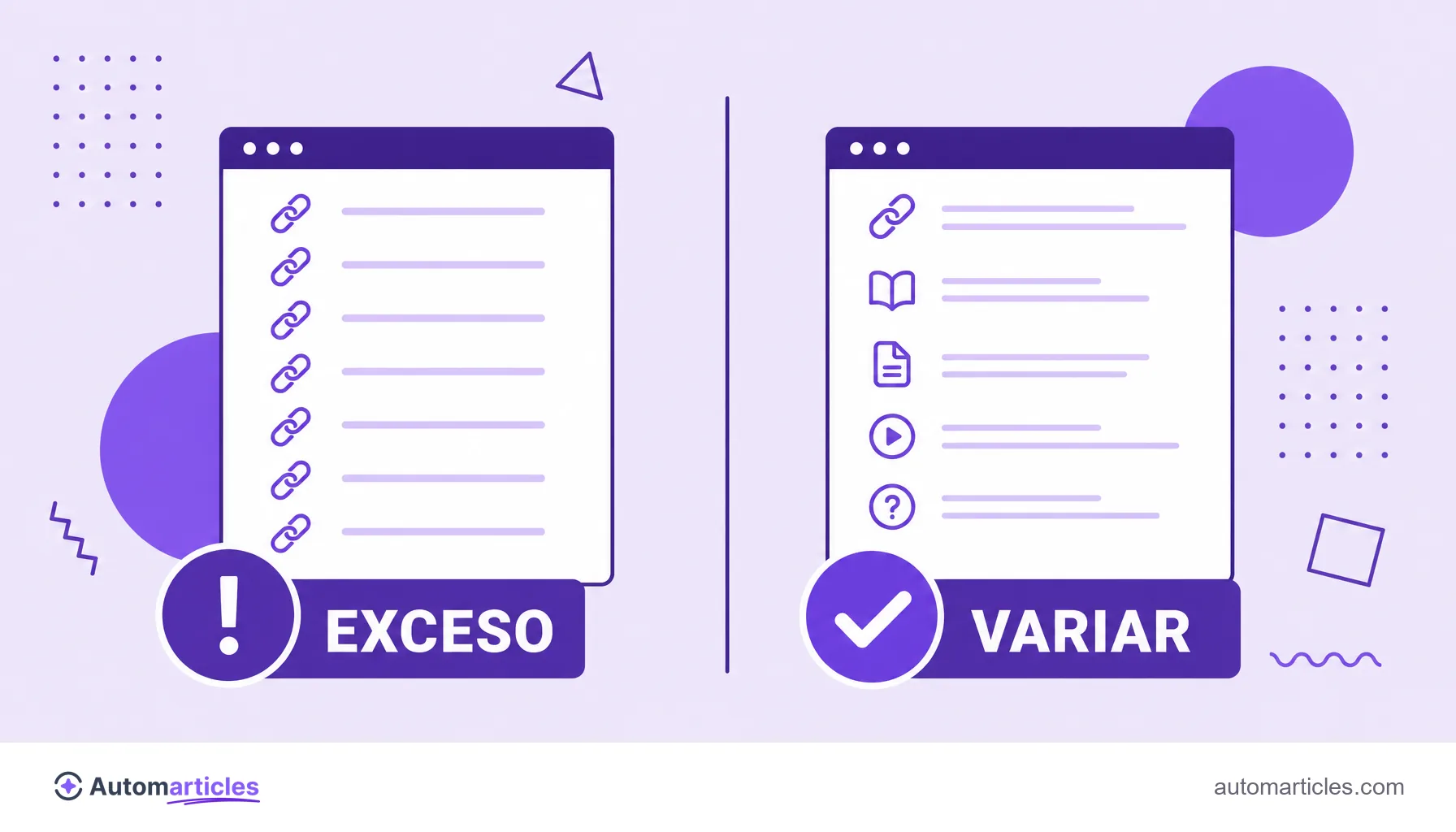 Ilustración que compara una página con anclas exactas repetidas en exceso y otra con anclas variadas y descriptivas, y representa la sobreoptimización de texto ancla.
