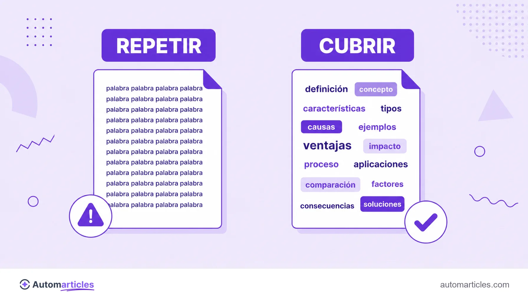 Ilustración que compara un texto que solo repite la palabra clave con un texto que cubre el tema usando vocabulario variado.