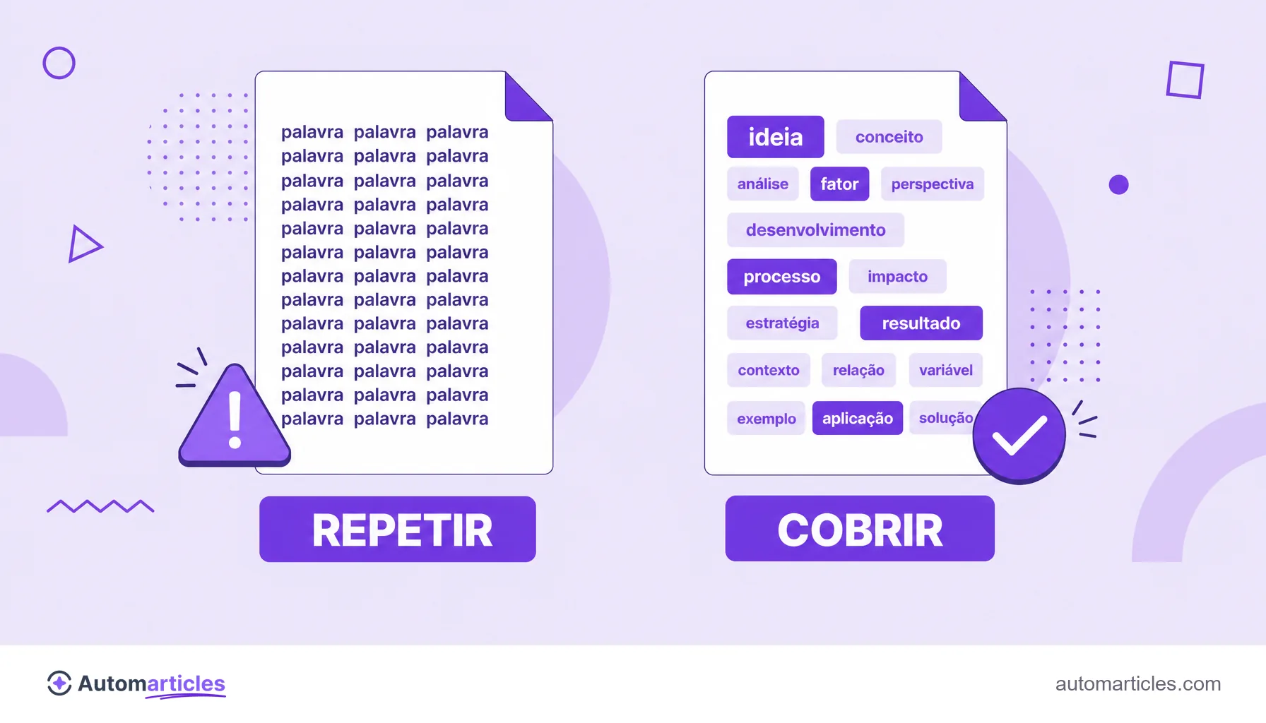 Ilustração comparando um texto que apenas repete a palavra-chave com um texto que cobre o tema usando vocabulário variado.