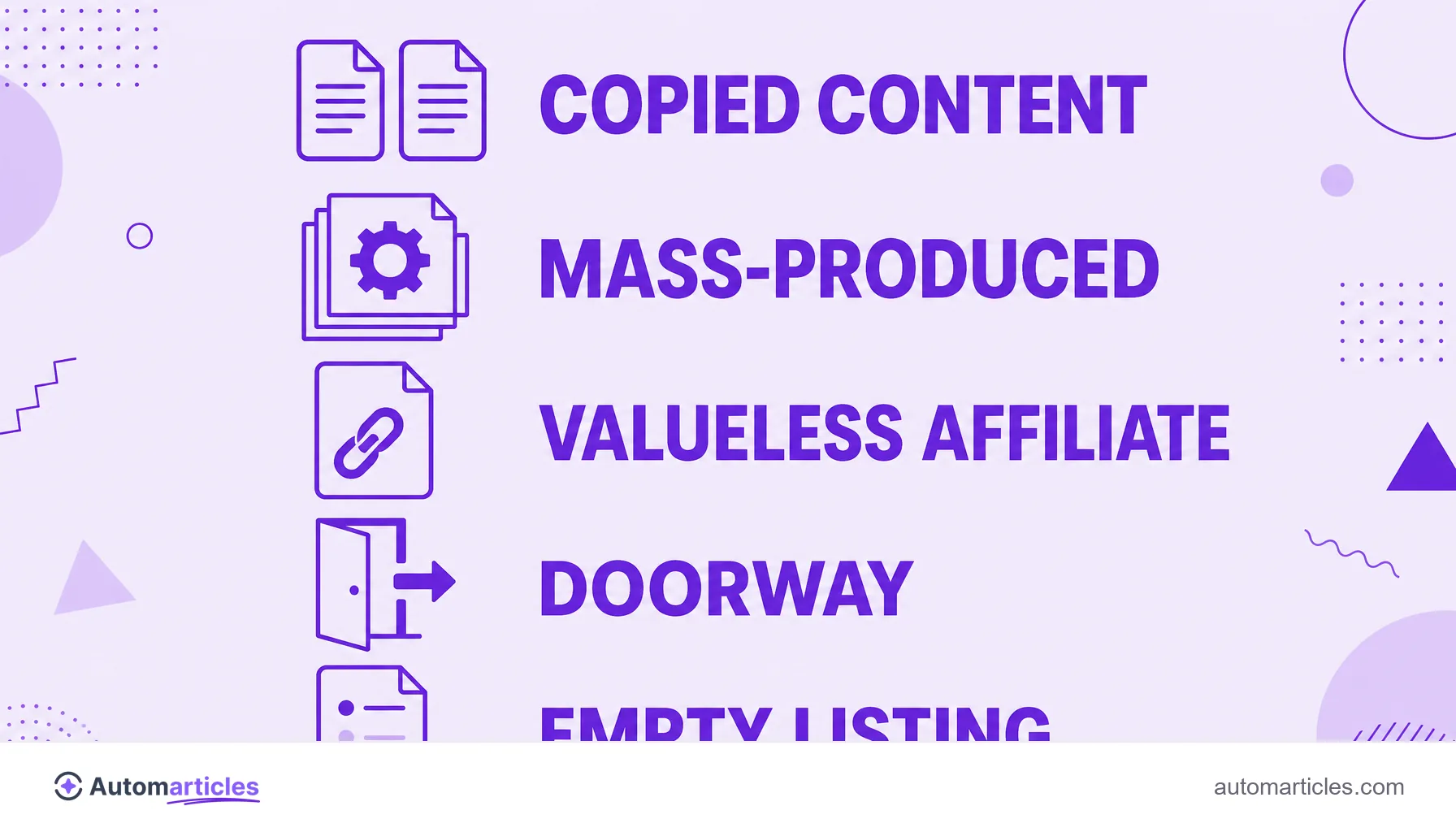 Infographic with the types of thin content: copied content, mass-produced, valueless affiliate, doorway and empty listing.