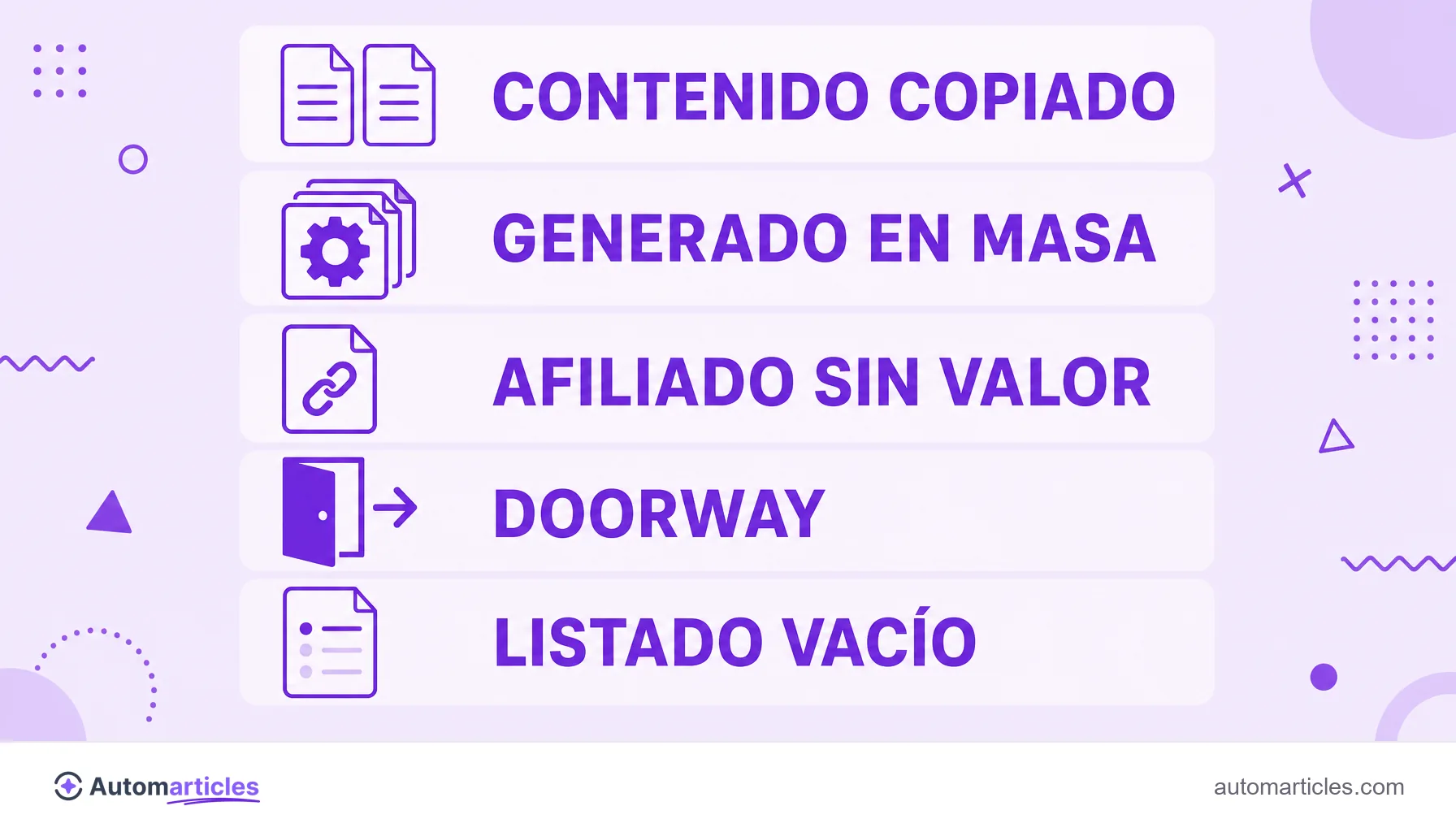 Infografía con los tipos de thin content: contenido copiado, generado en masa, afiliado sin valor, doorway y listado vacío.
