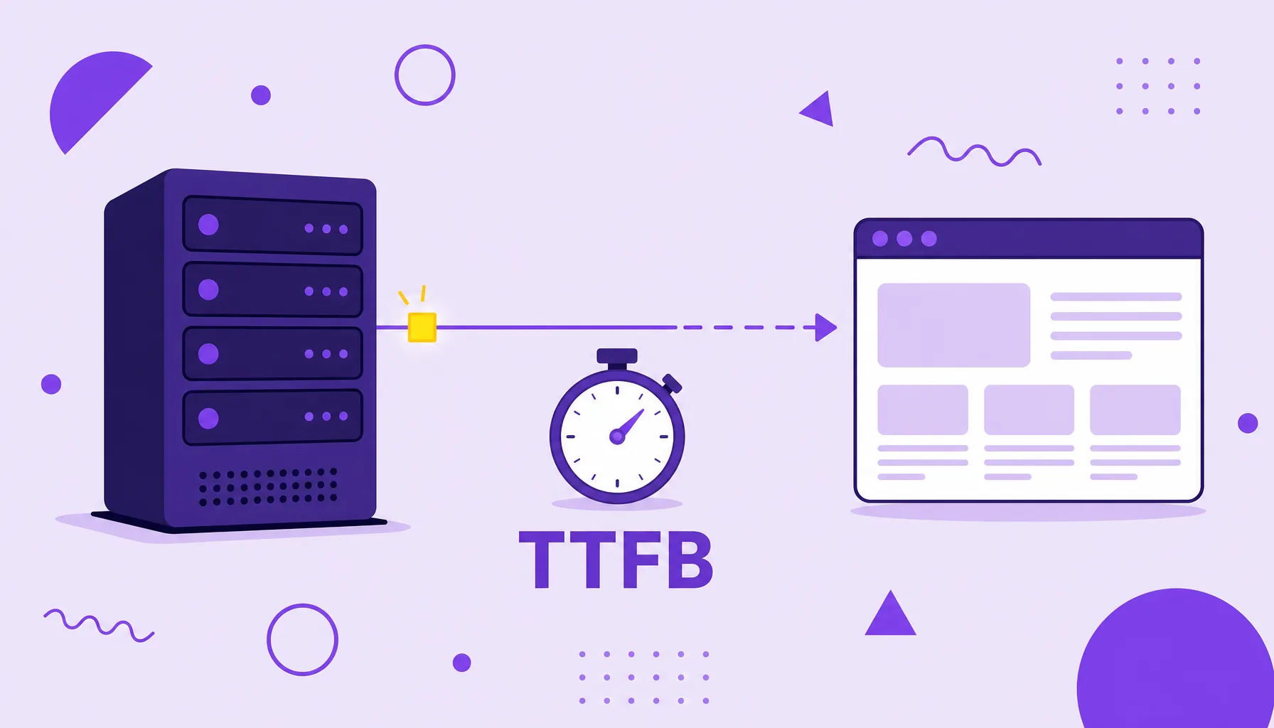 Illustration of a server sending the first byte to a browser with a stopwatch measuring the time, representing TTFB.
