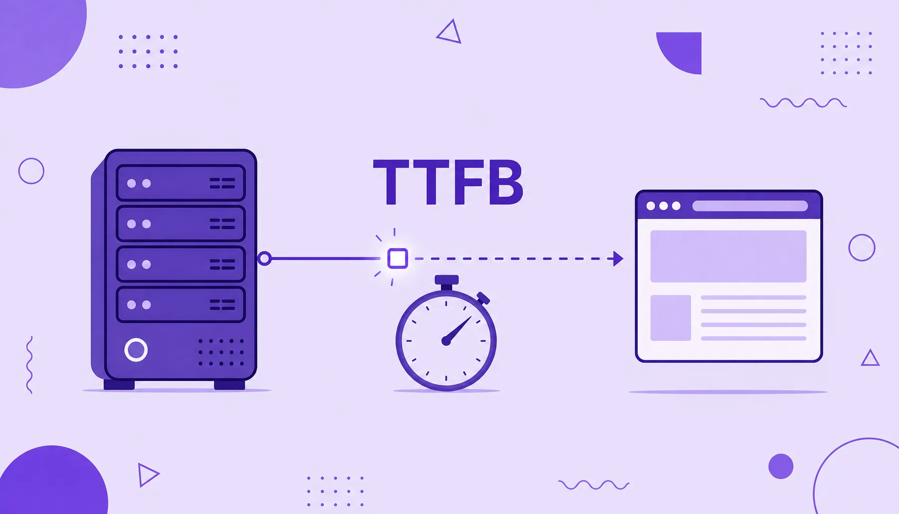 Ilustración de un servidor enviando el primer byte a un navegador con un cronómetro que mide el tiempo, que representa el TTFB.
