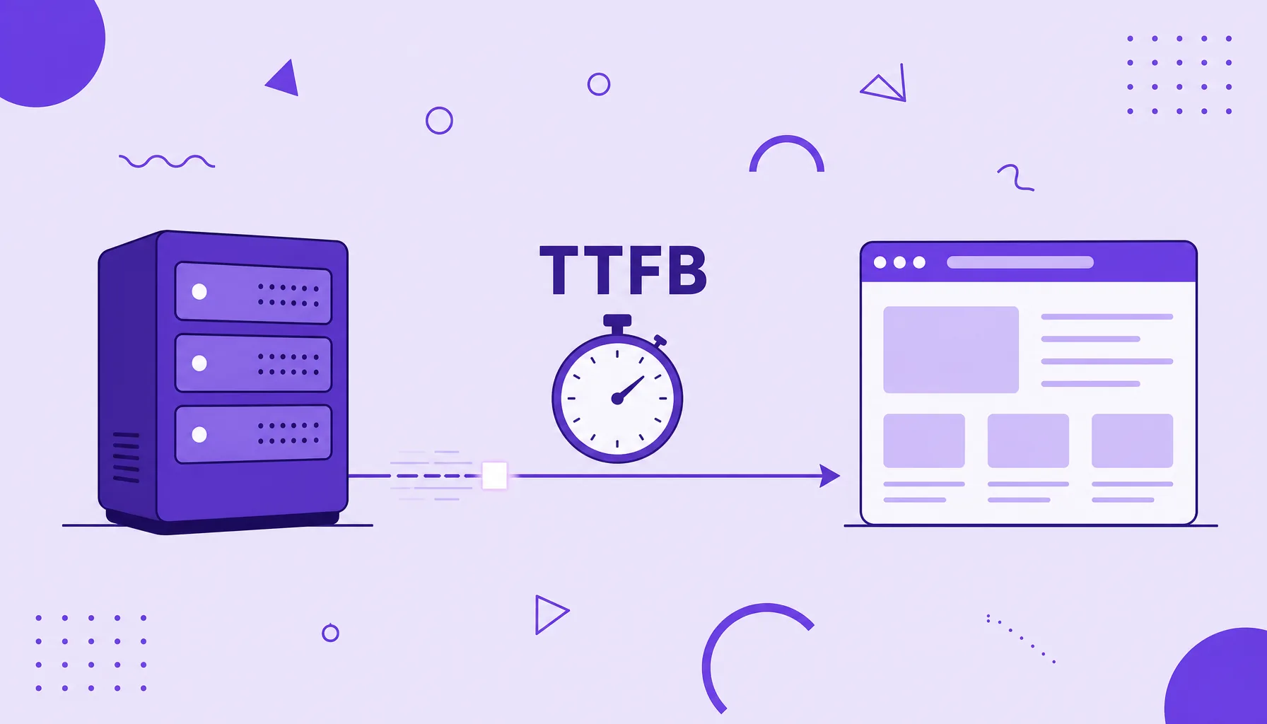 Ilustração de um servidor enviando o primeiro byte para um navegador com um cronômetro medindo o tempo, representando o TTFB.