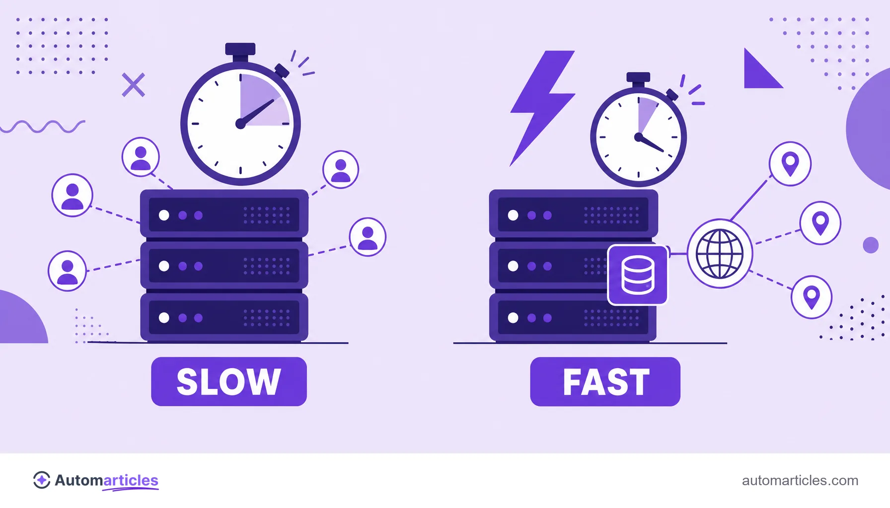 Illustration comparing a slow server without cache with a fast server using cache and a CDN, to reduce TTFB.