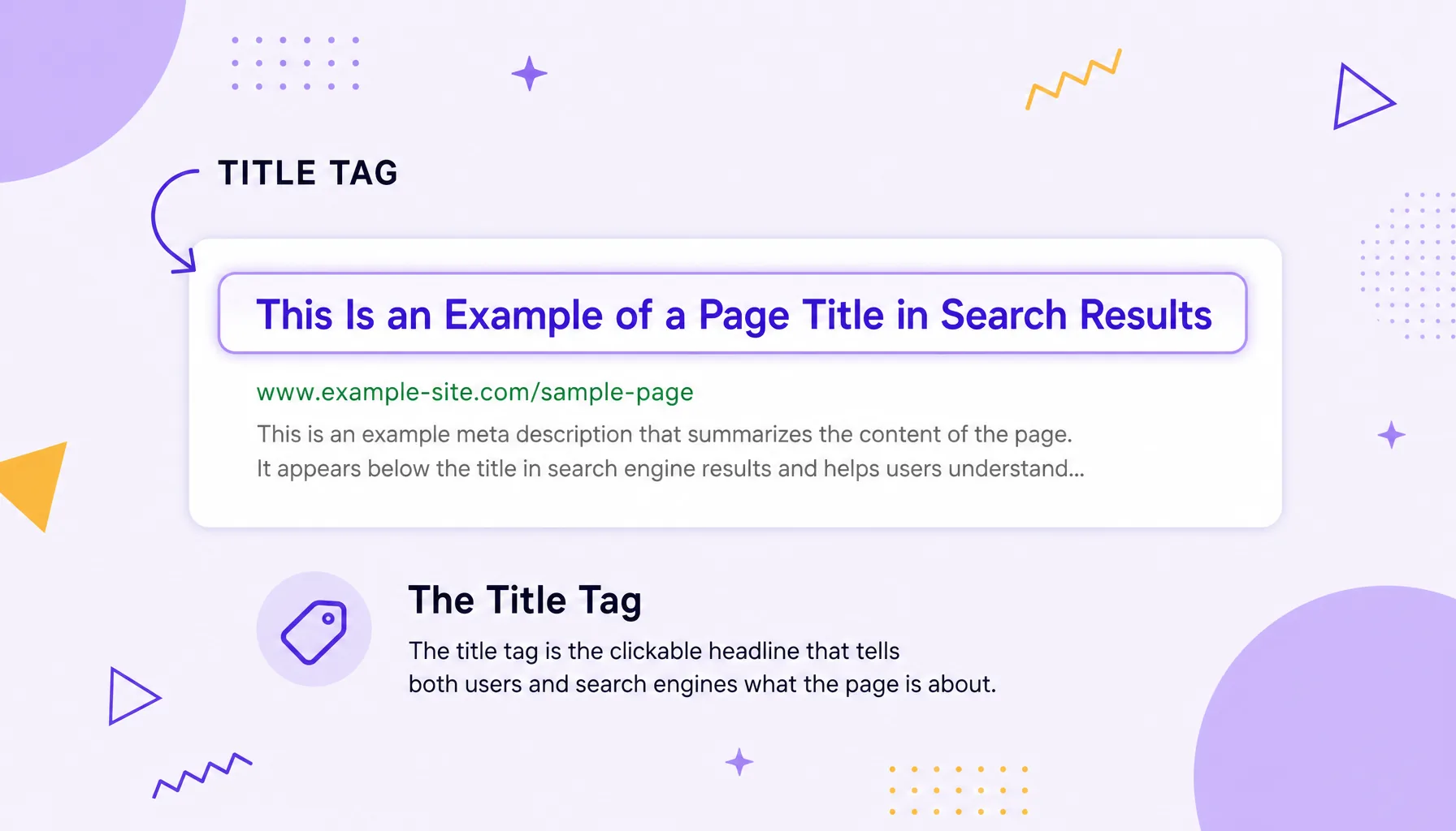 Cover with the mockup of a Google search result, with the title highlighted in blue, representing the title tag