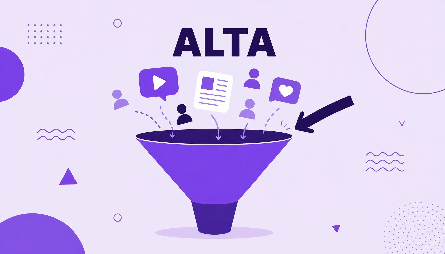 Ilustración de un embudo de marketing ancho arriba que atrae personas y contenidos, que representa la parte alta del embudo.