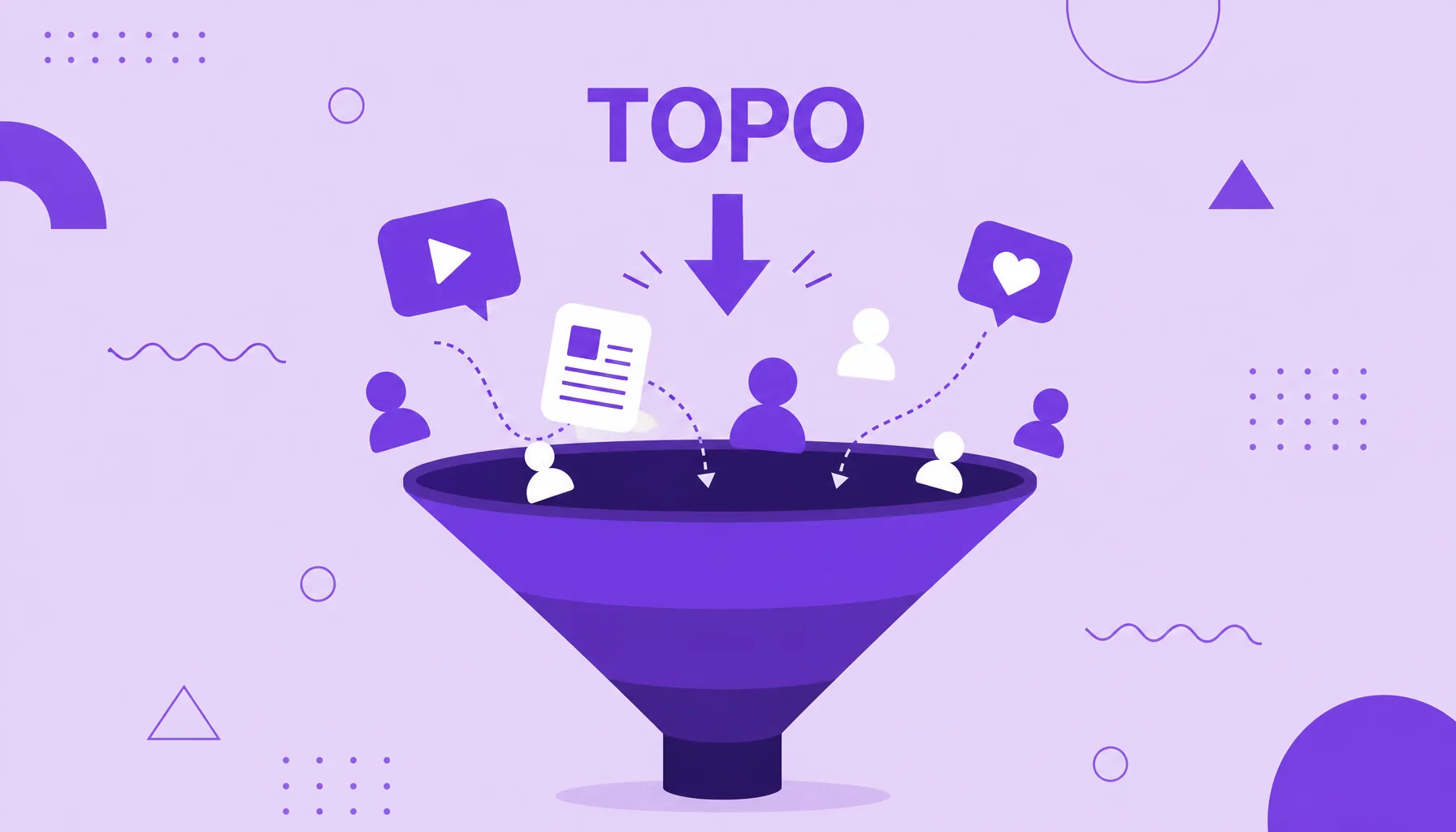 Ilustração de um funil de marketing largo no topo atraindo pessoas e conteúdos, representando o topo de funil.