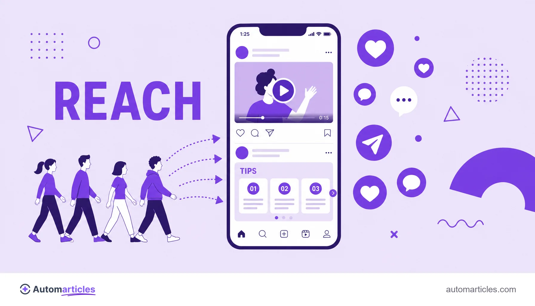 Illustration of a phone with a video and a carousel on social media attracting people, representing top of the funnel content.