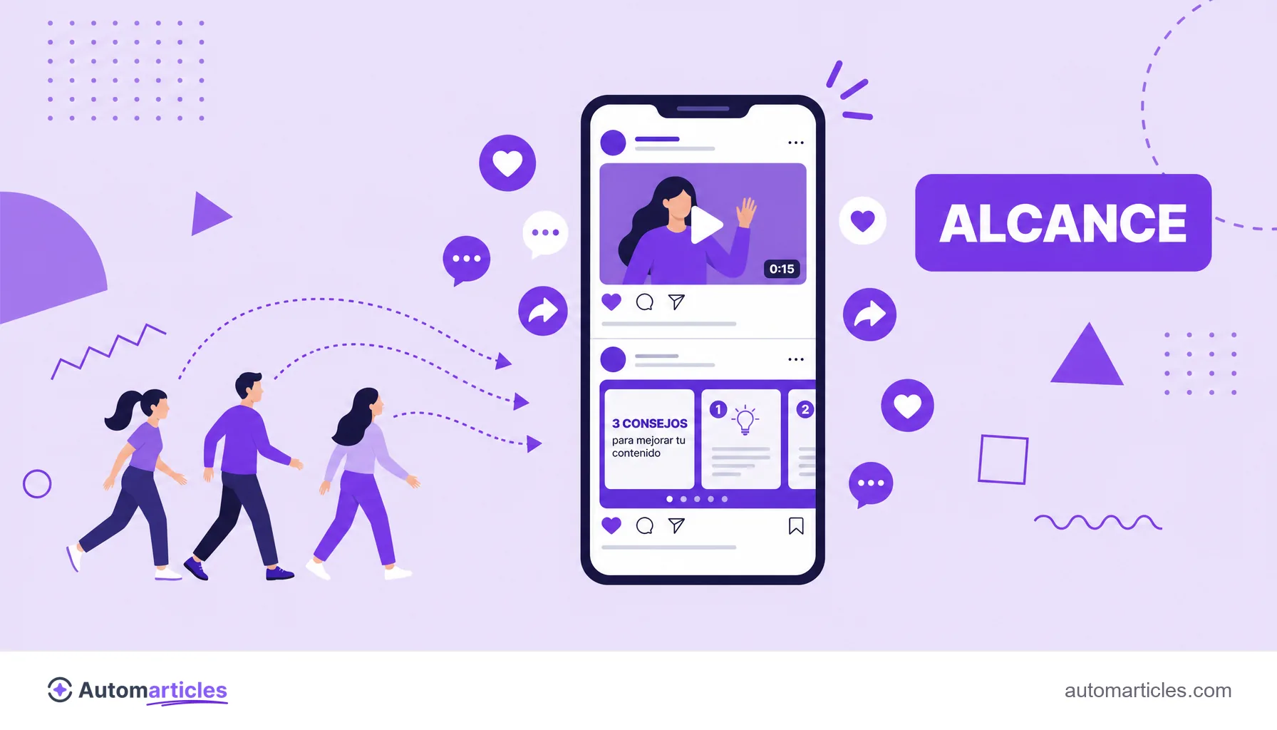 Ilustración de un móvil con un vídeo y un carrusel en las redes sociales que atrae personas, que representa contenido de la parte alta del embudo.