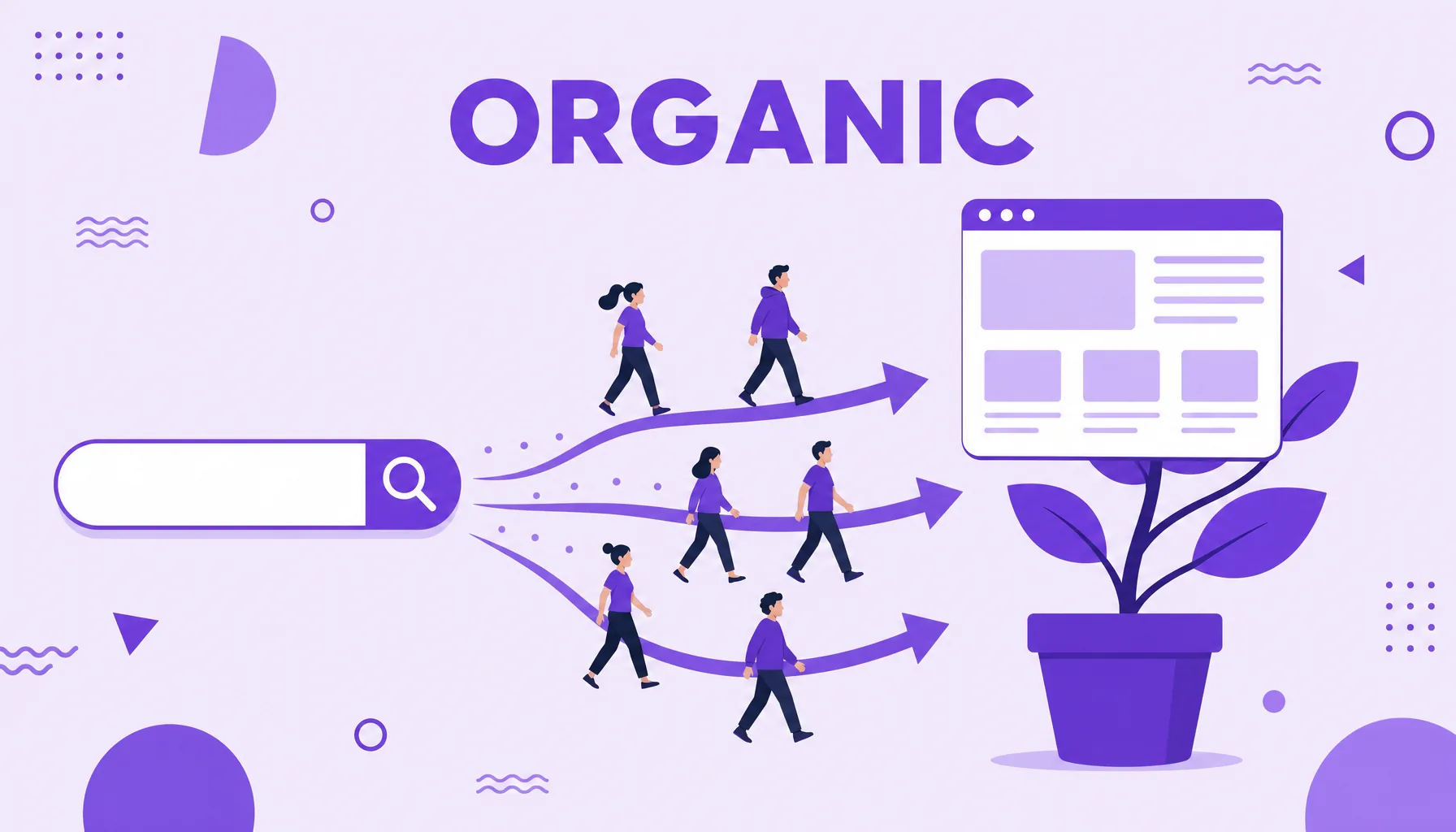Illustration of people walking from a search bar to a website that grows like a plant, representing free organic traffic.