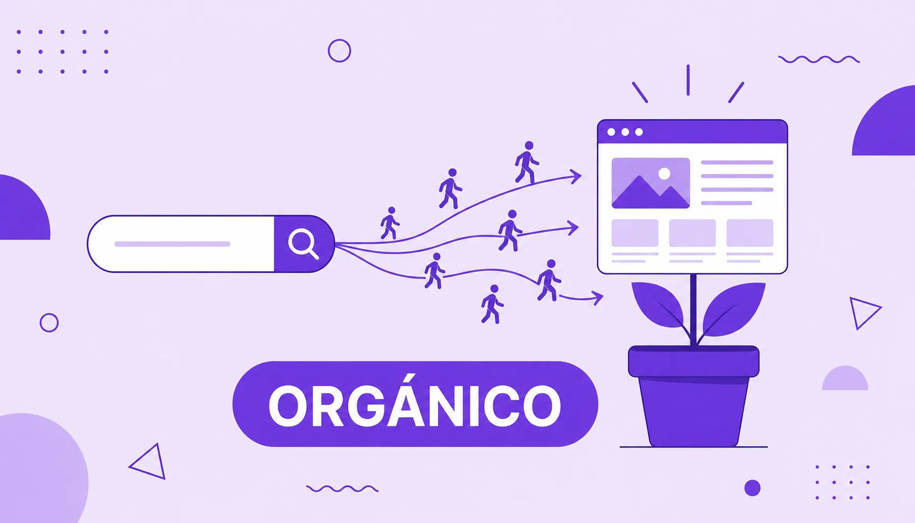 Ilustración de personas caminando desde una barra de búsqueda hasta un sitio que crece como una planta, que representa el tráfico orgánico gratuito.