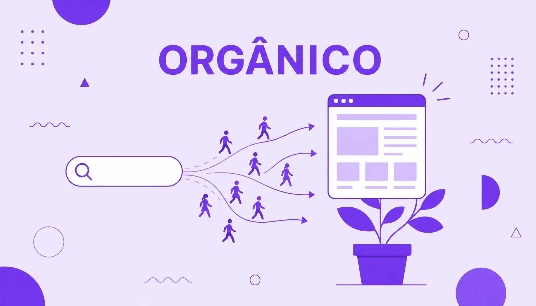 Ilustração de pessoas caminhando de uma barra de busca até um site que cresce como uma planta, representando o tráfego orgânico gratuito.