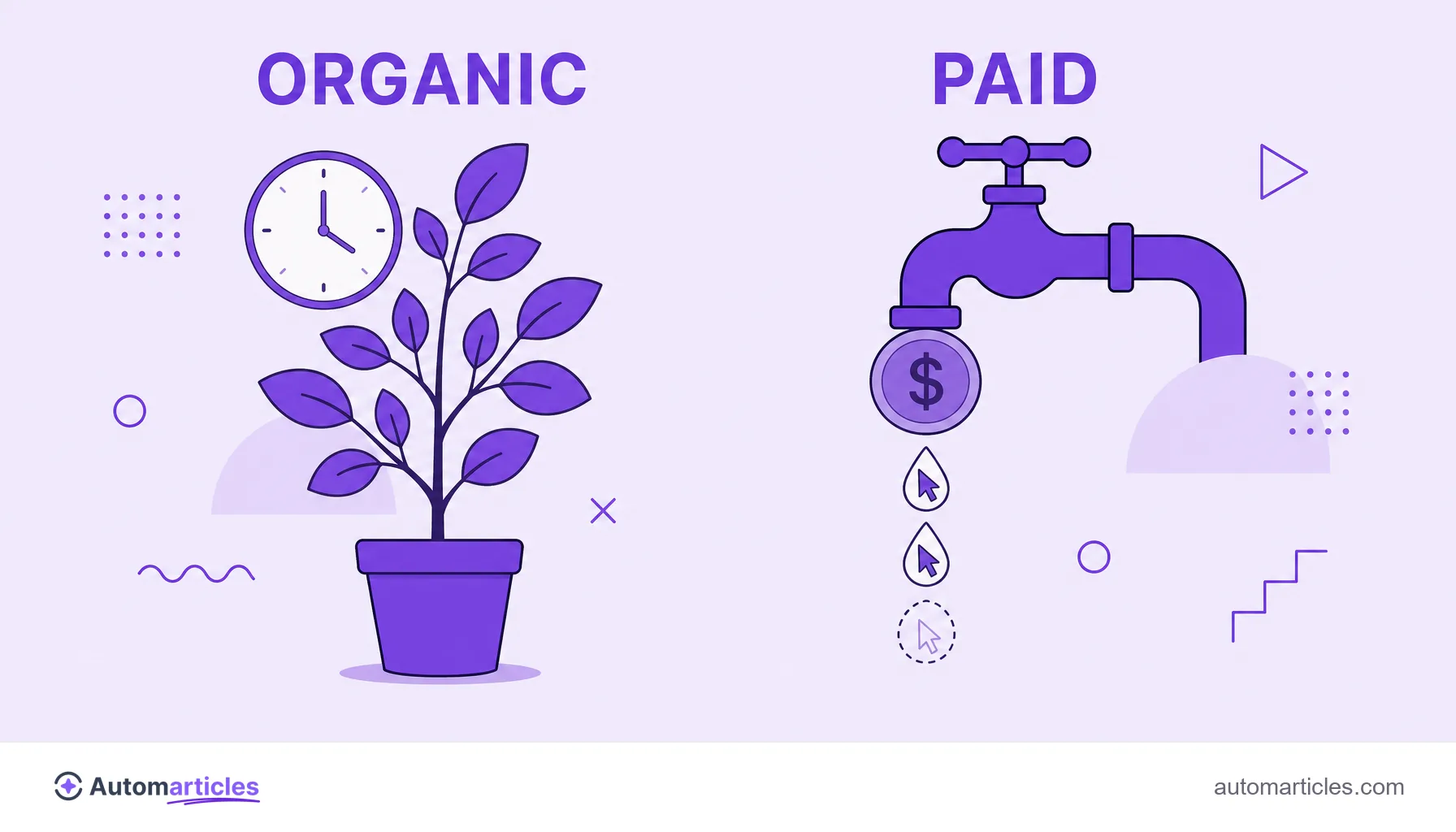 Illustration comparing organic traffic, like a plant that grows over time, and paid traffic, like a faucet that only drips clicks while there is money.