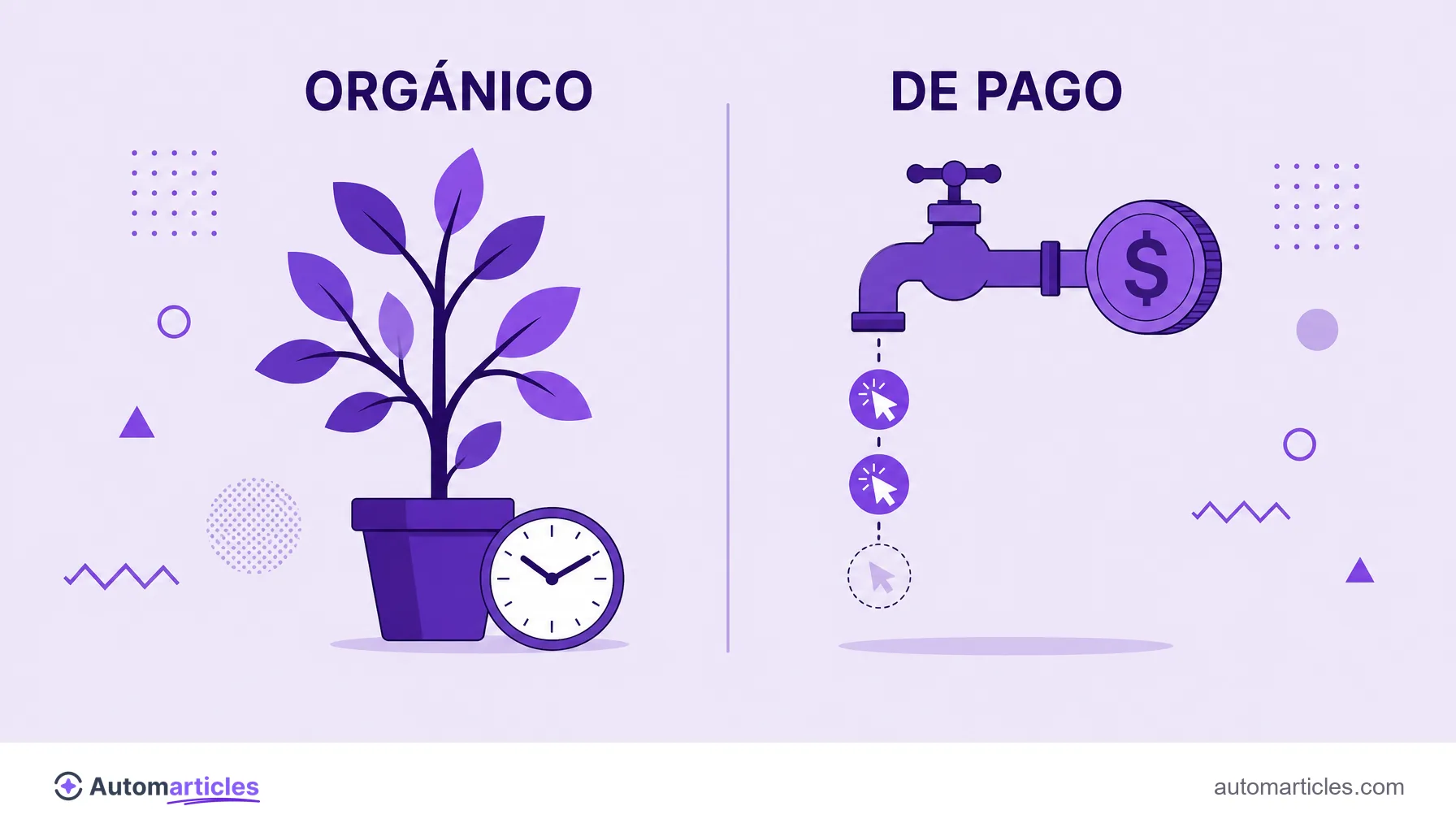 Ilustración que compara el tráfico orgánico, como una planta que crece con el tiempo, y el tráfico de pago, como un grifo que solo gotea clics mientras hay dinero.