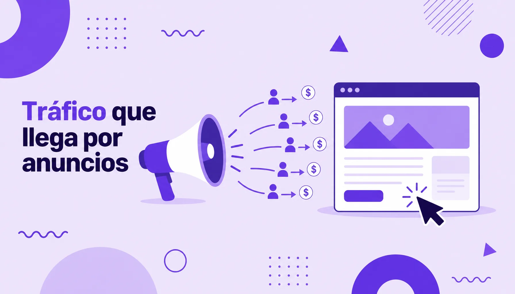 Ilustración de un megáfono que atrae visitantes a un sitio web mediante anuncios pagados, que representa el tráfico pago.