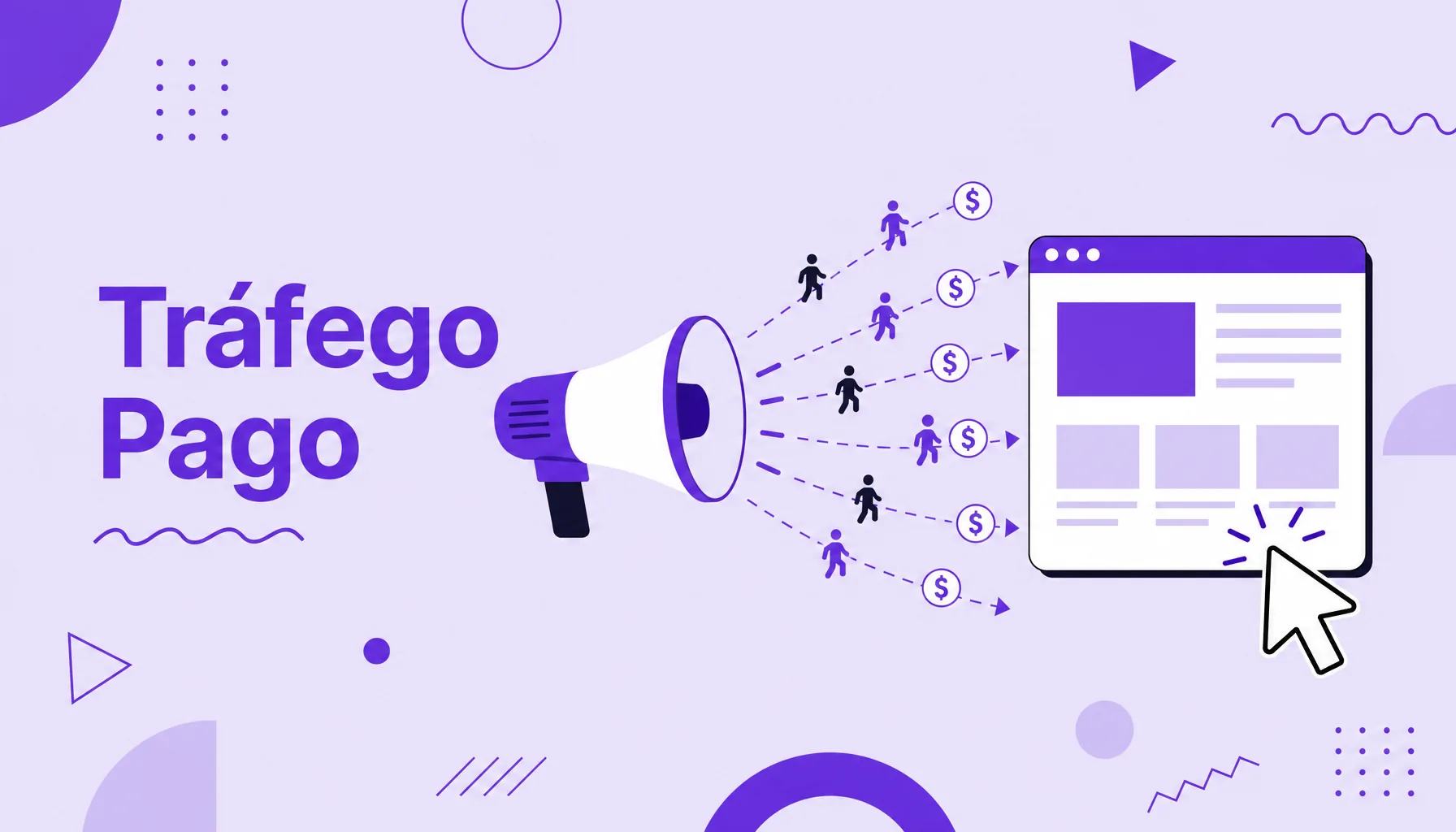 Ilustração de um megafone atraindo visitantes para um site por meio de anúncios pagos, representando o tráfego pago.