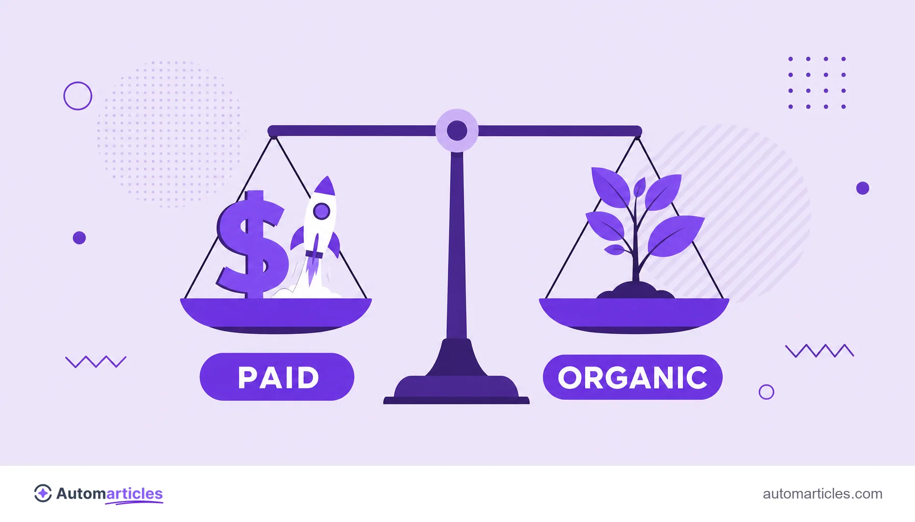 Illustration of a scale comparing paid traffic, shown as a dollar sign and a rocket, and organic traffic, shown as a growing plant.