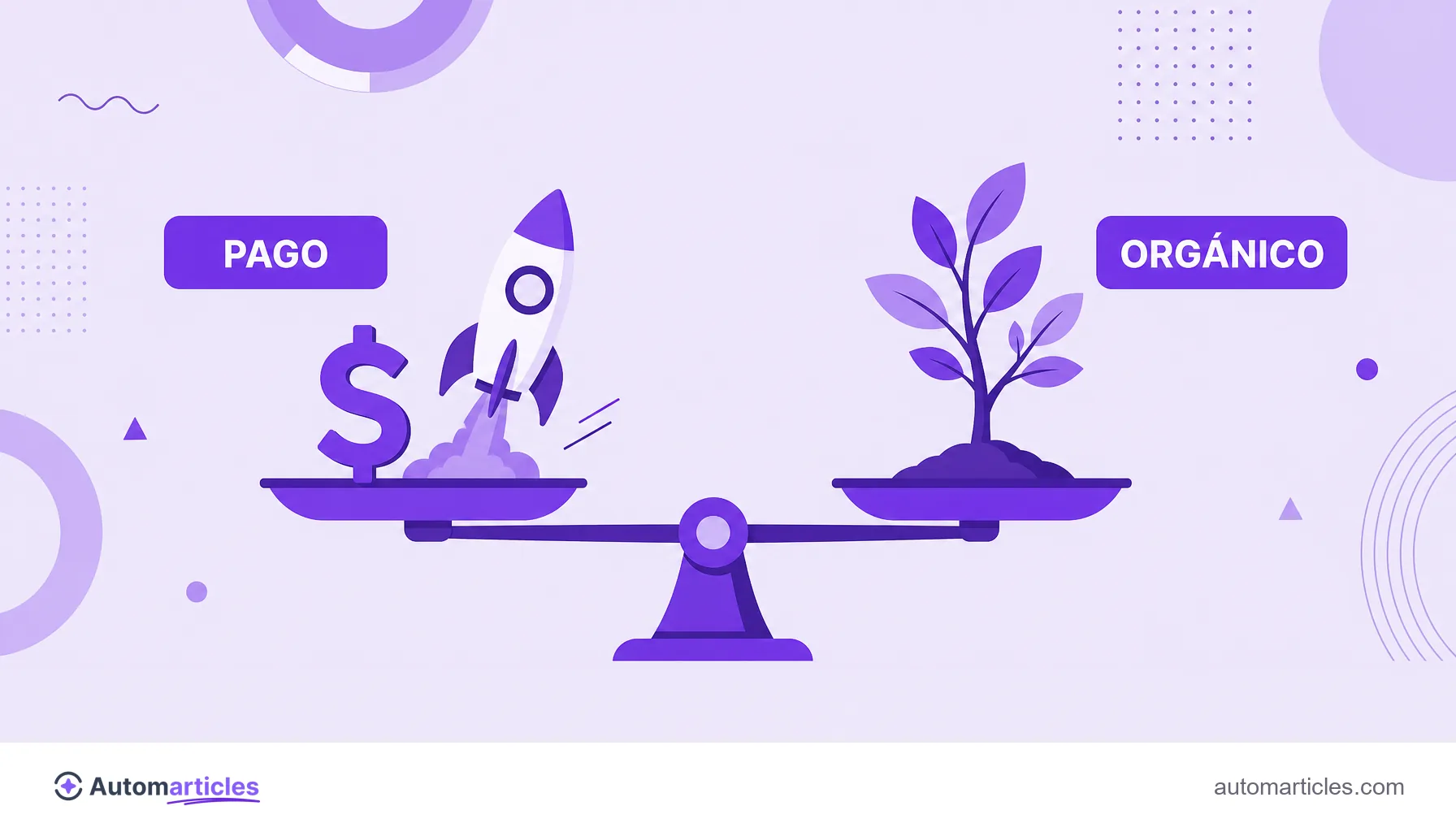 Ilustración de una balanza que compara el tráfico pago, representado por un signo de dólar y un cohete, y el tráfico orgánico, representado por una planta que crece.
